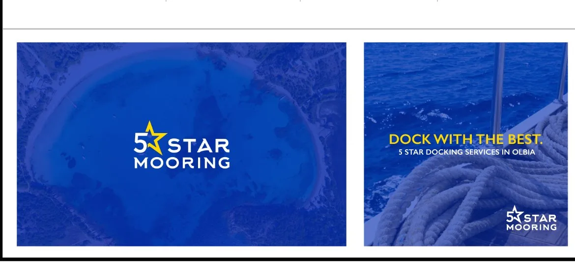 Due cover social sul blu del mare: il marchio in negativo e "Dock with the best — 5 star docking services in Olbia"