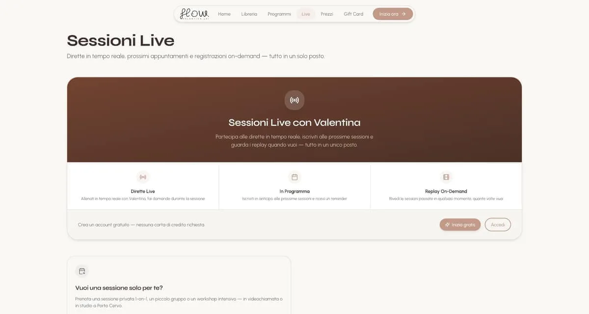 Sezione delle sessioni live con Valentina e dei replay