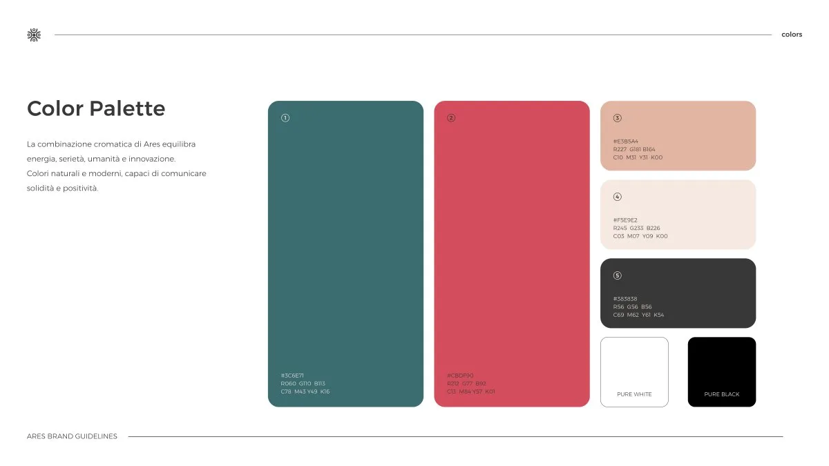 The brand palette: green, coral, cream and black, with print and screen values