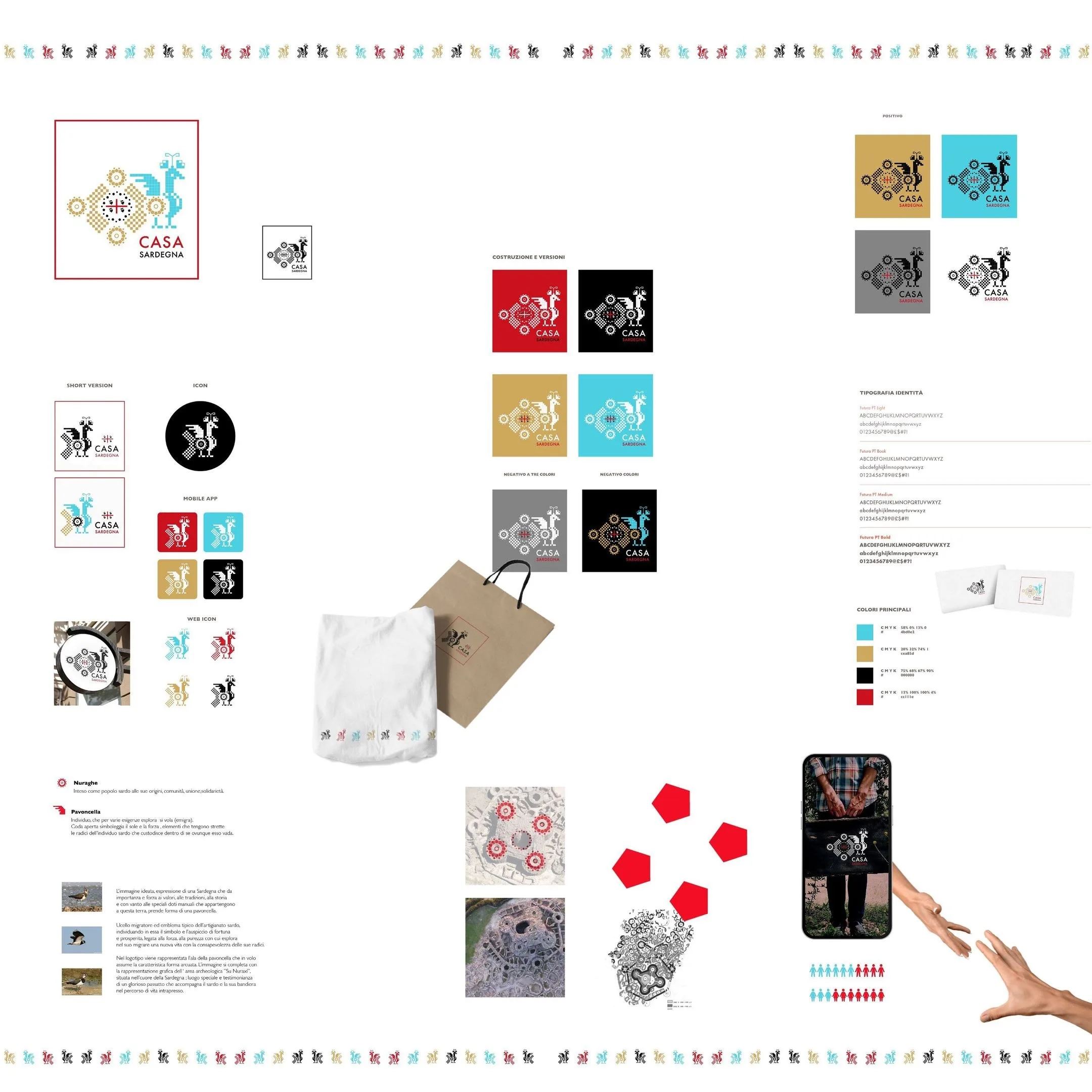 The Casa Sardegna mark in nine tiles: the logo in its red frame, the positive and negative versions, the app and web icons, and the bands of symbols that close the grid above and below