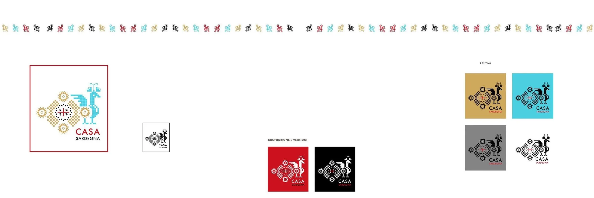 The mark in its red frame with the nuraghe and the lapwing, the small icon beside it, the two-colour and three-colour versions on red and on black, and the four positive applications on ochre, light blue, grey and white