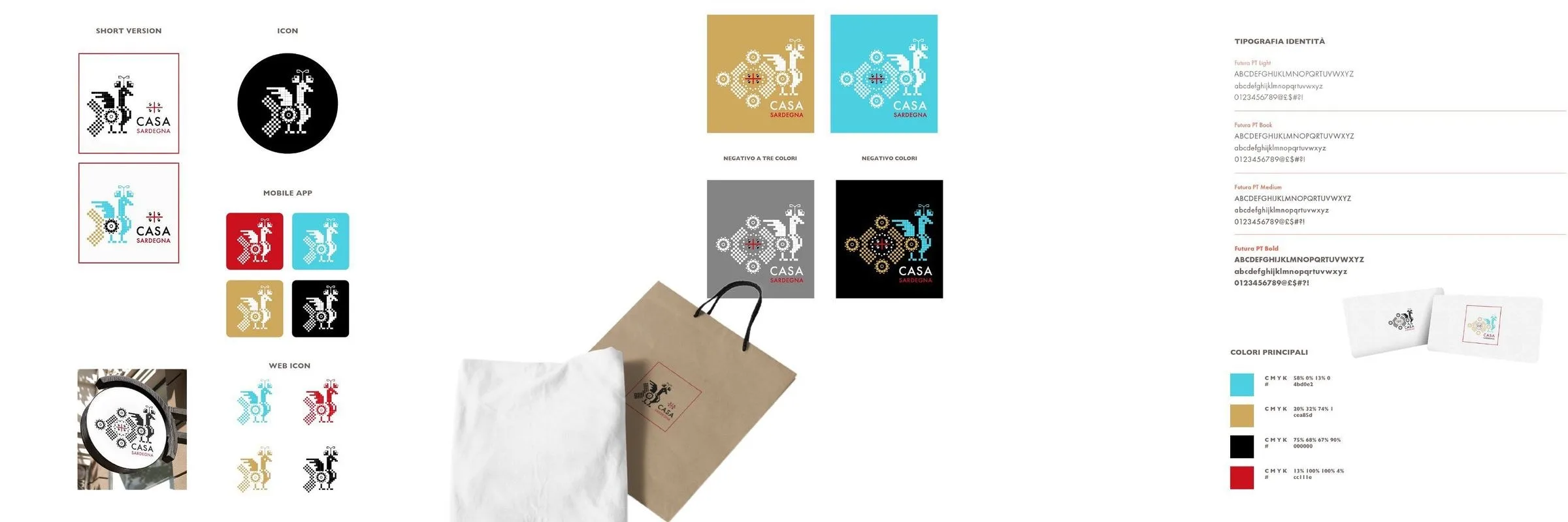 The short version and the icon in the black circle, the mobile app icons in the four tints, the kraft paper shopper and the white cloth bag with the band of symbols, the typography board and the main colours