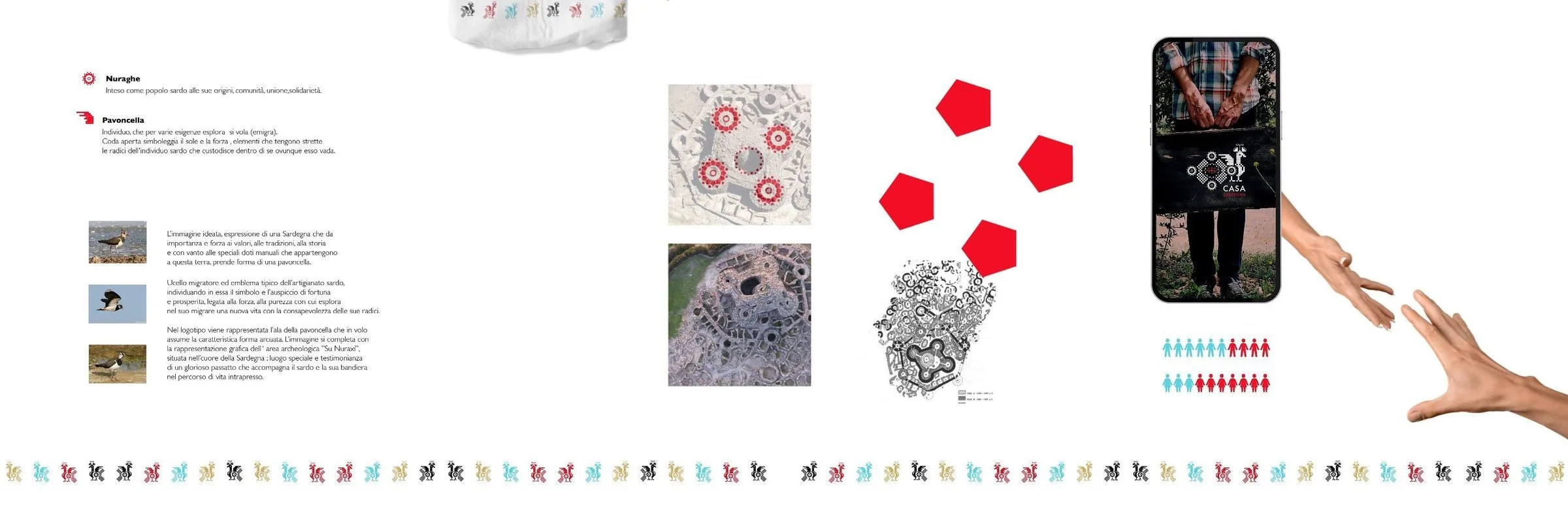 The board explaining the nuraghe and the lapwing with the photographs of the birds, the aerial views of the nuragic site with the towers ringed in red, and the phone with the app above two rows of people pictograms