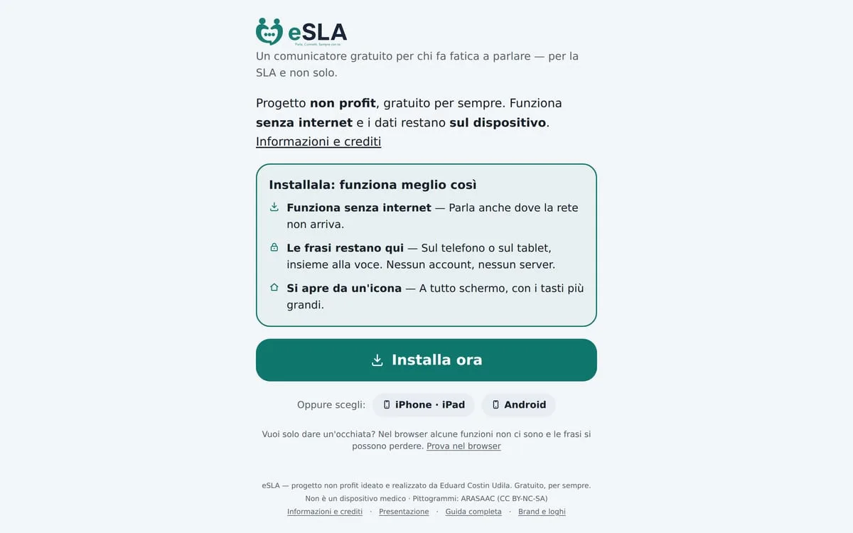 La pagina di esla.it: "Un comunicatore gratuito per chi fa fatica a parlare — per la SLA e non solo", con il riquadro di installazione e il bottone "Installa ora"