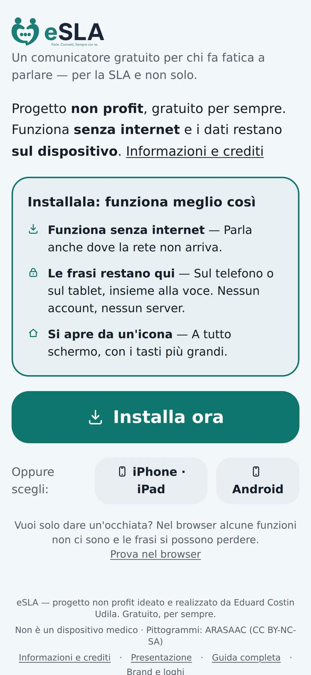 La pagina di eSLA vista da smartphone, dall'apertura ai crediti