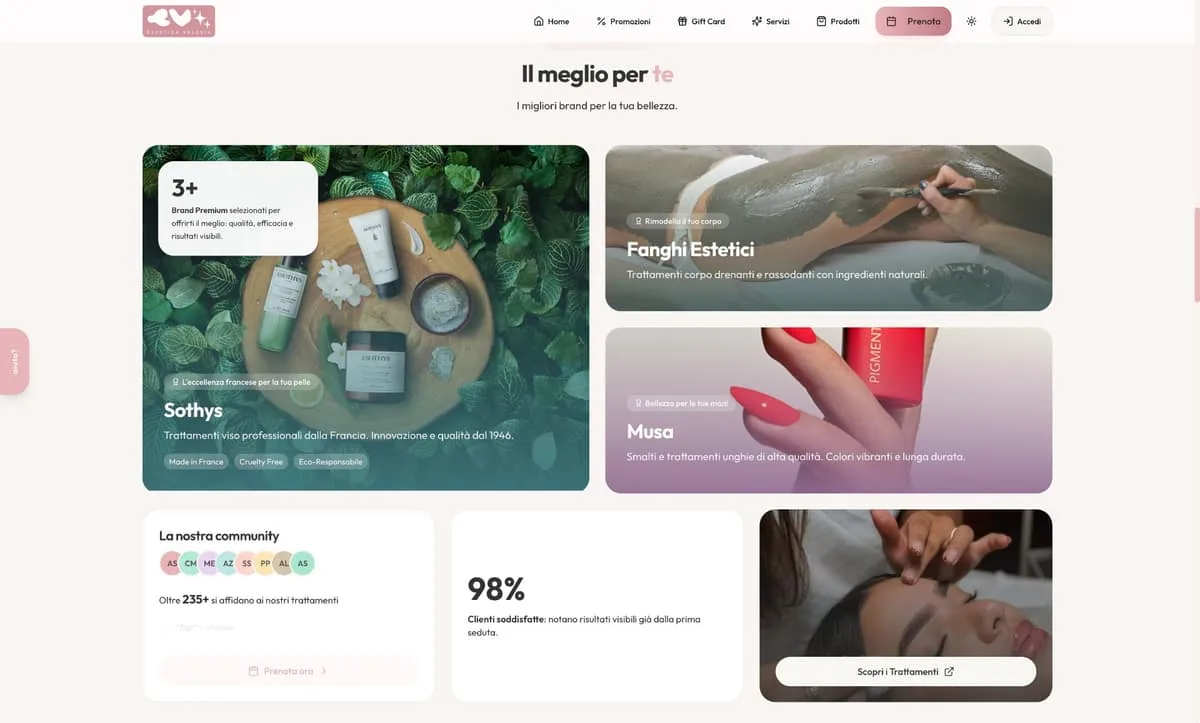 Brand and community section of the Estetica Valeria website