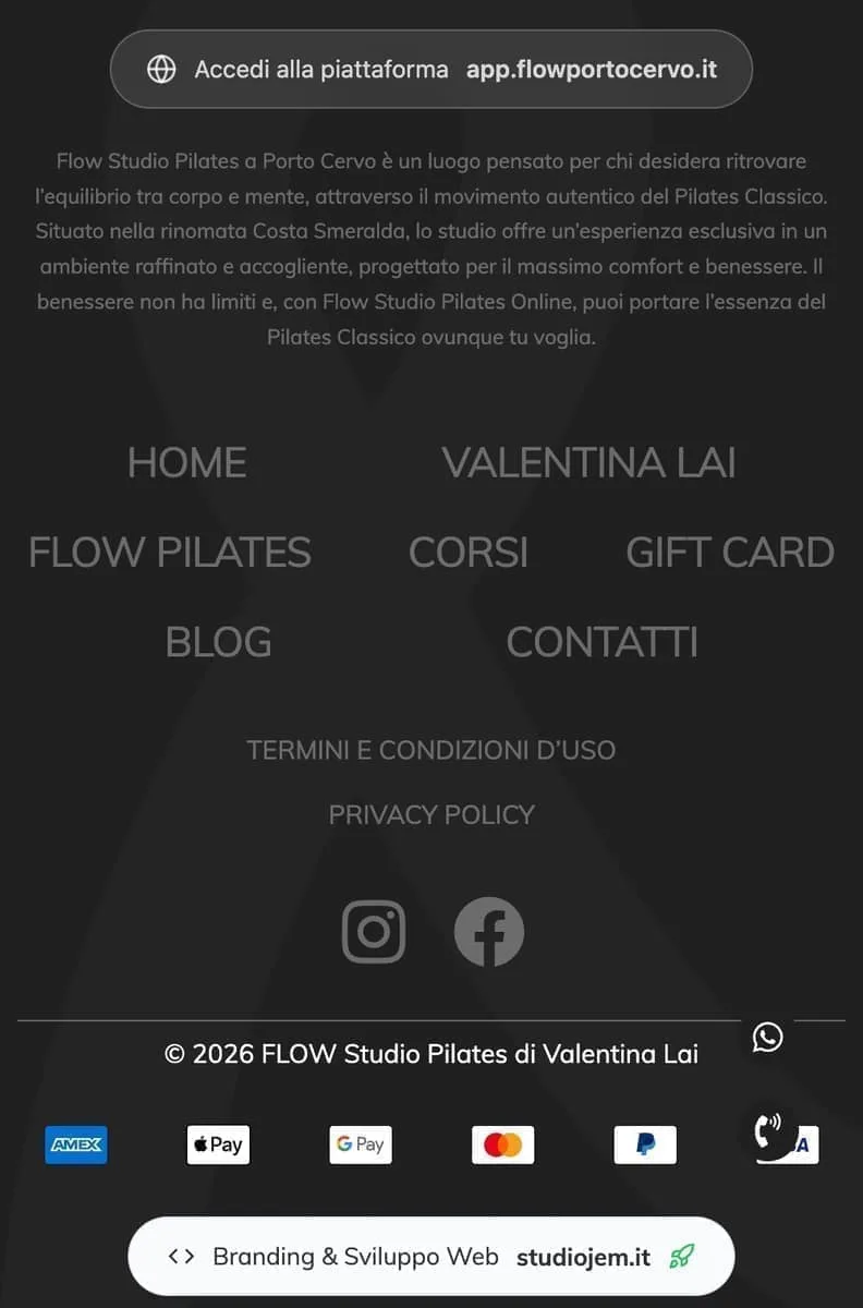 Website footer linking to the classes platform app.flowportocervo.it