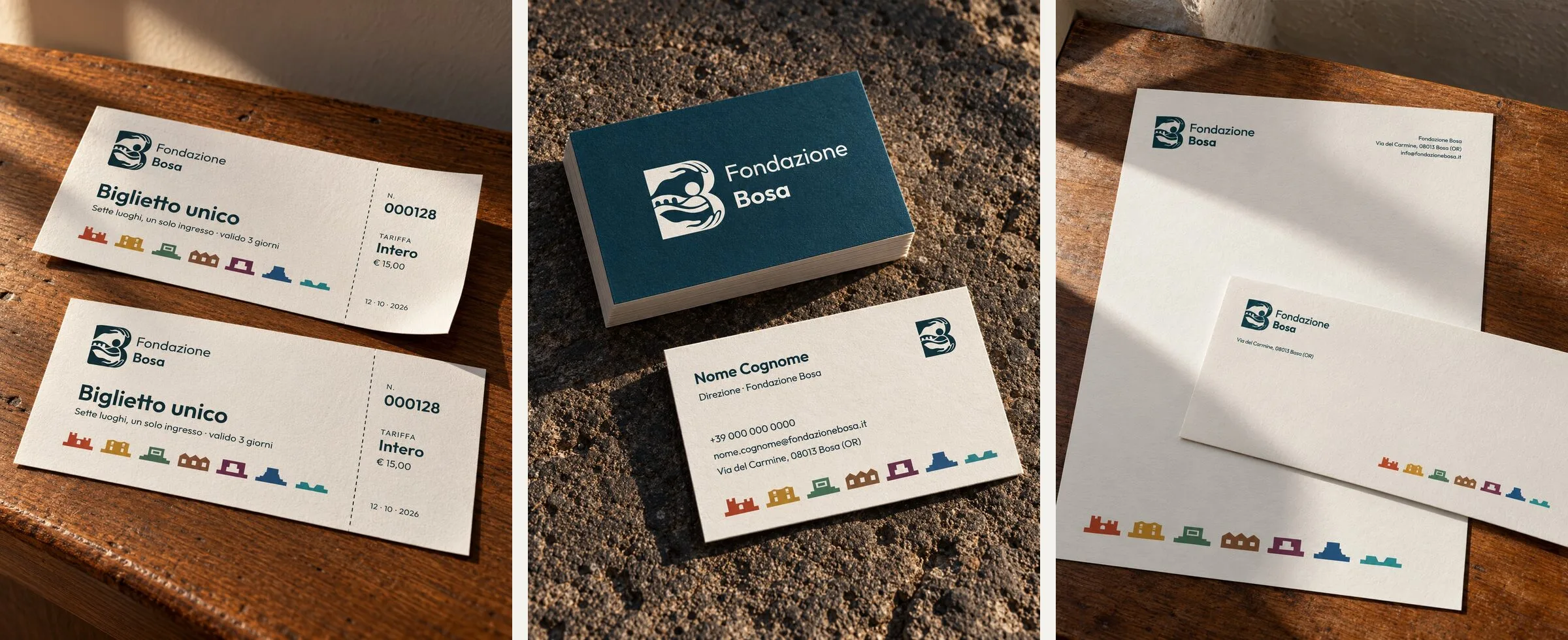 Single-entry tickets with the frieze of the seven sites, Blu Temo business cards and the letterhead with its envelope