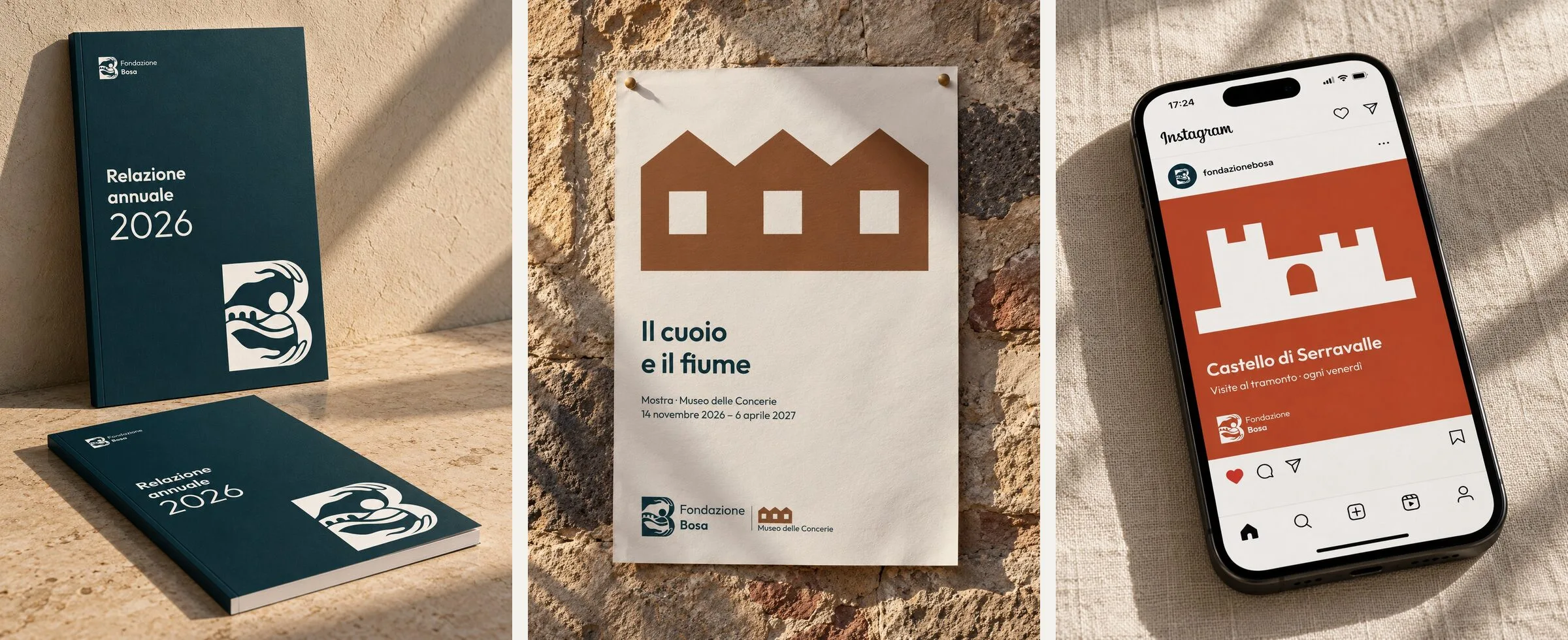The 2026 annual report in Blu Temo, the poster for the exhibition «Il cuoio e il fiume» at the Tannery Museum and an Instagram post in Rosso Coppo for the Castello di Serravalle