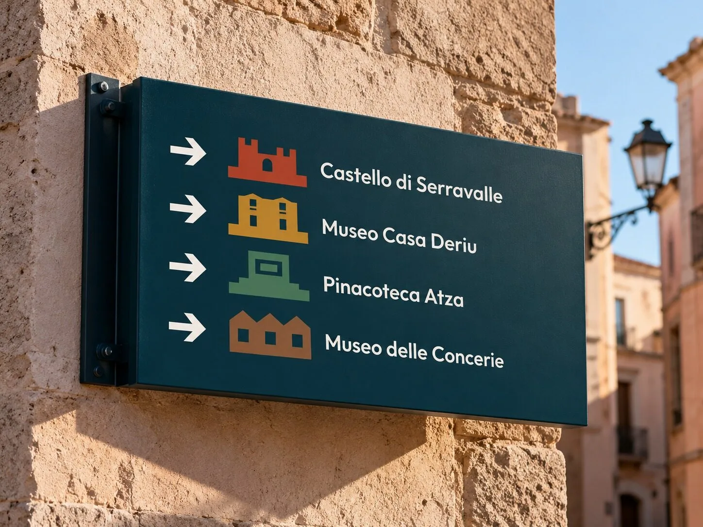 A Blu Temo directional sign on an old-town wall, with arrows and icons pointing to the Castello di Serravalle, Casa Deriu, the Pinacoteca Atza and the Tannery Museum