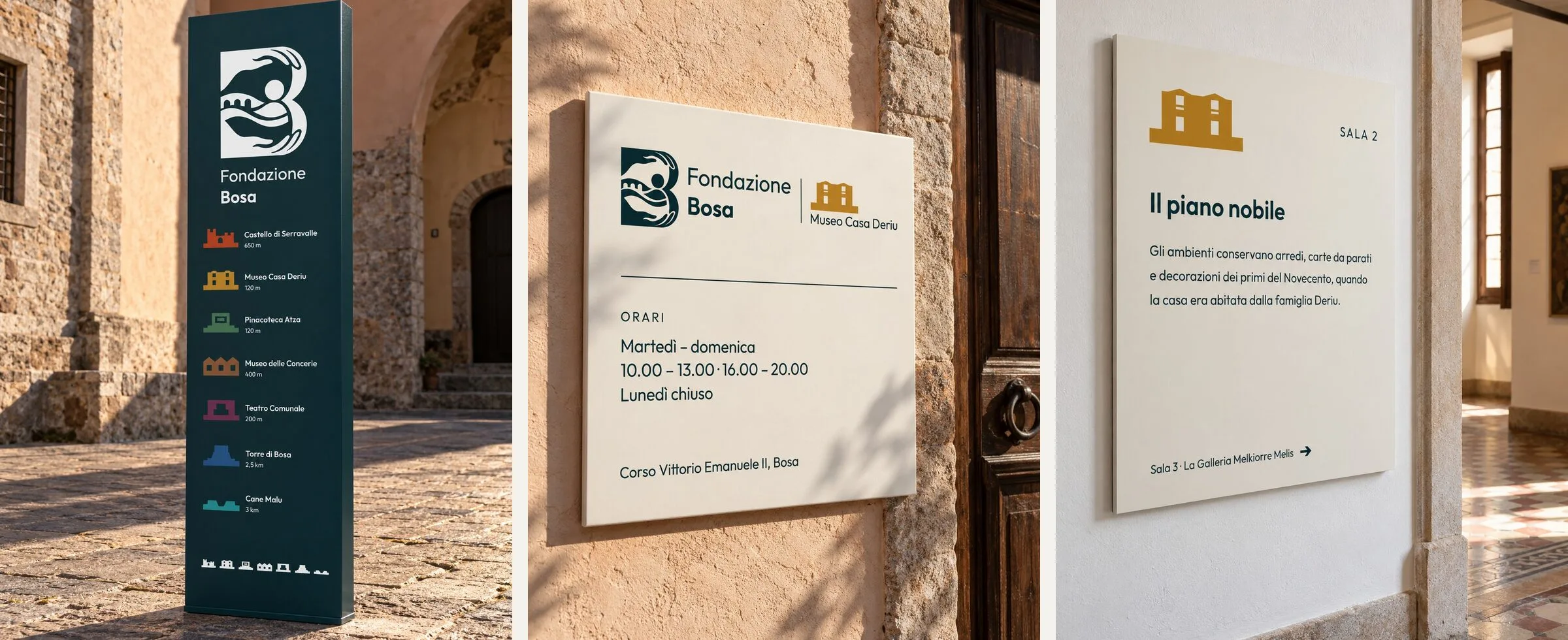 A wayfinding totem listing the seven sites on a square, the Museo Casa Deriu entrance plaque with opening hours and the room panel «Il piano nobile»