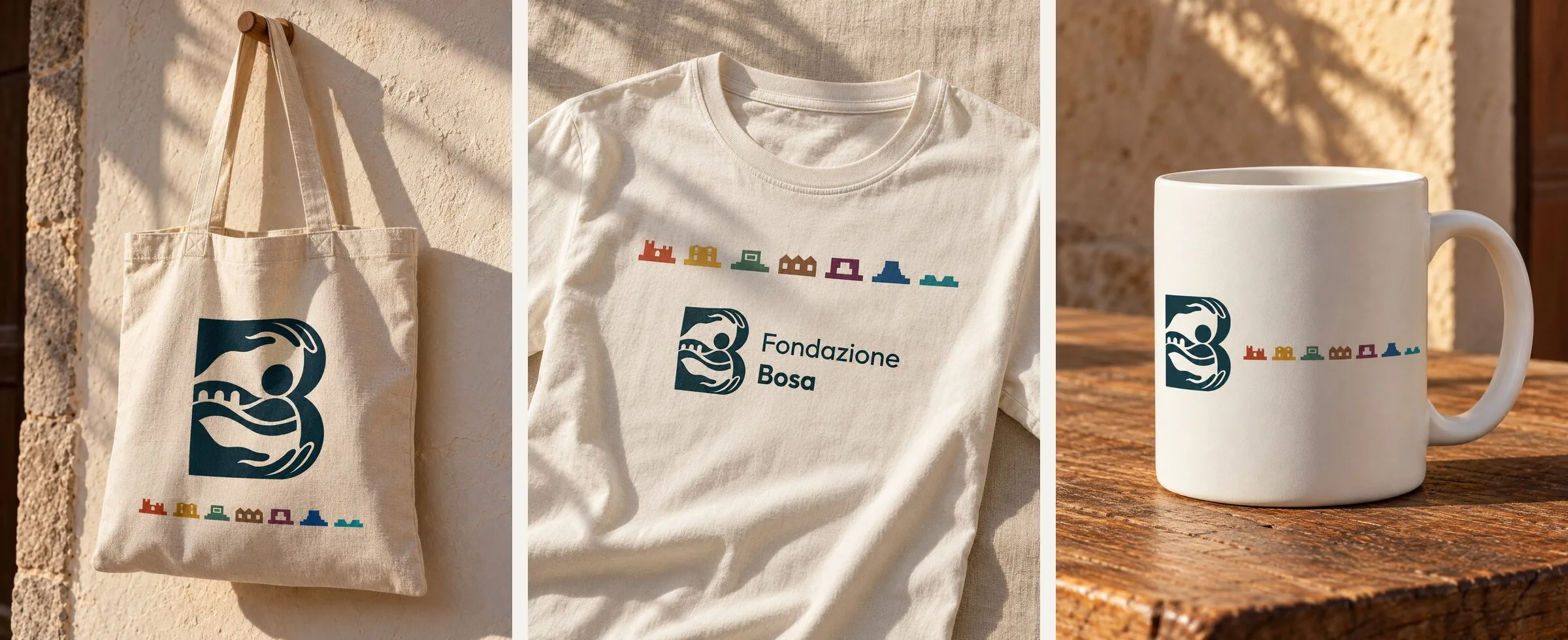 A canvas tote with the large symbol, a light T-shirt with the mark and the frieze, and a white mug with the symbol and the sites in a row