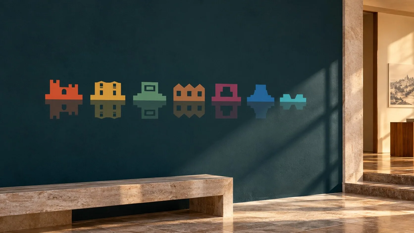 The frieze of the seven sites in colour, mirrored, on a Blu Temo wall above a stone bench