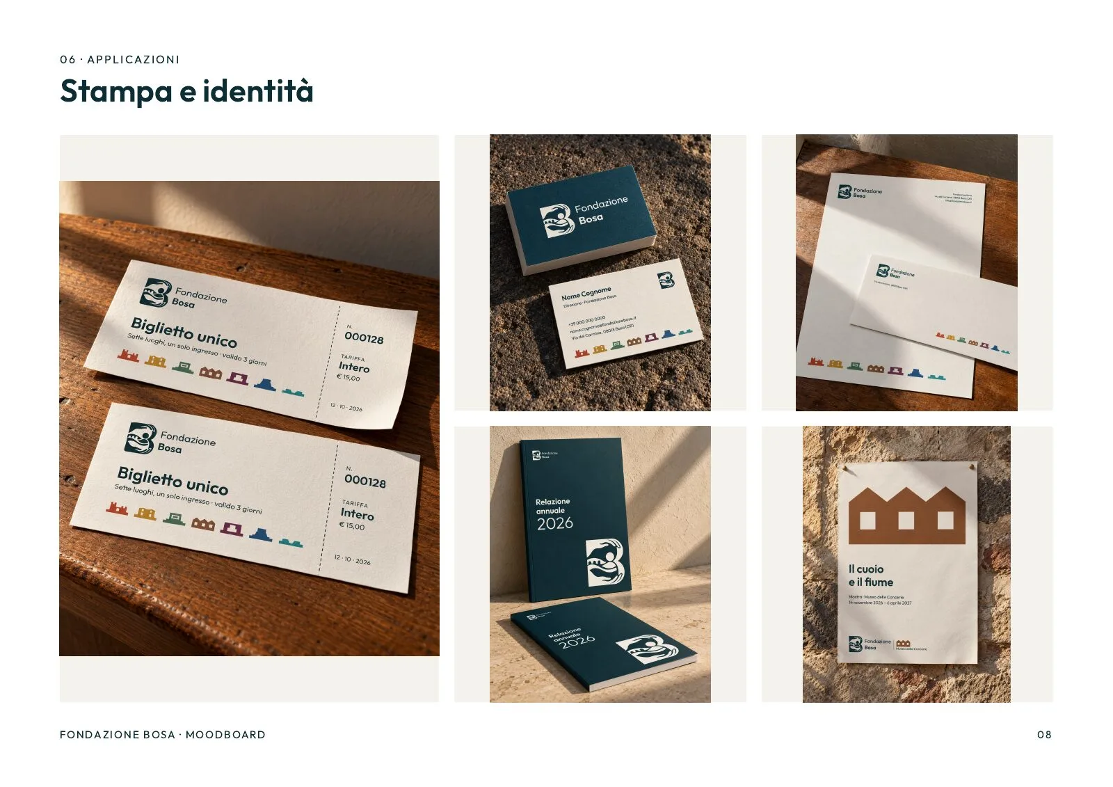 The moodboard, print and identity: entry tickets, business cards, letterhead, annual report and poster
