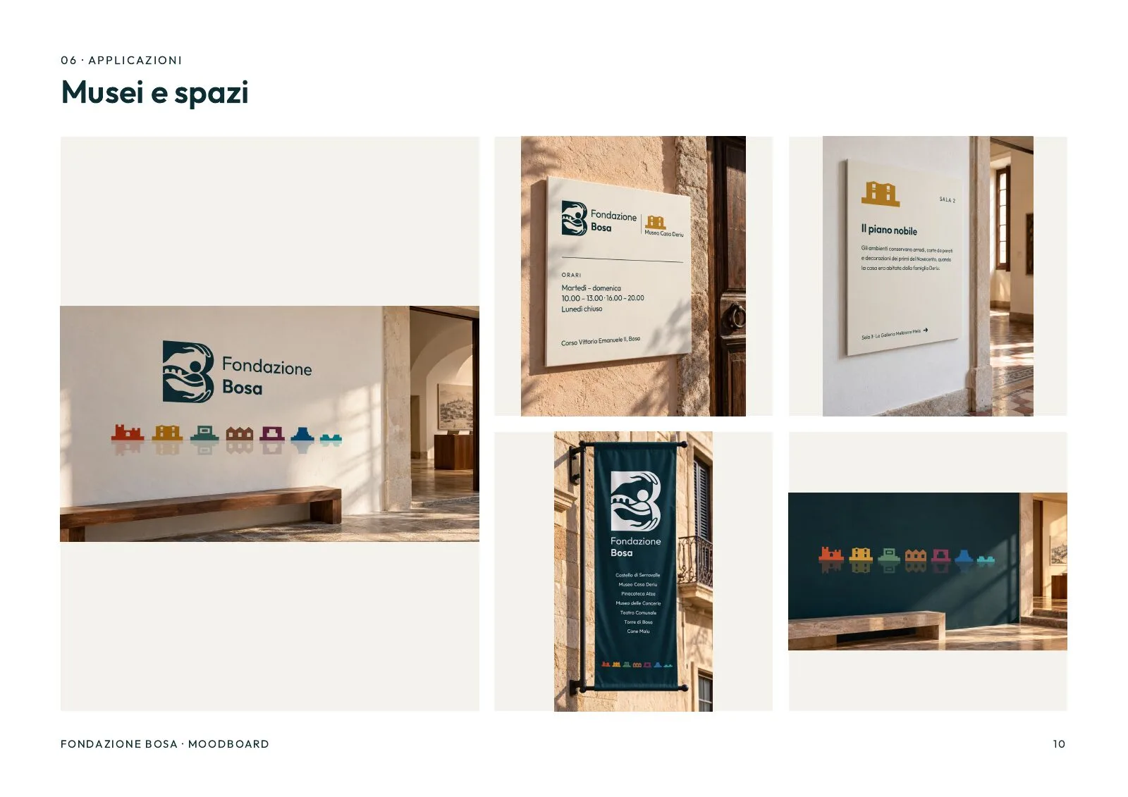 The moodboard, museums and spaces: the mark on the wall, the entrance plaque, the room panel, the banner and the frieze