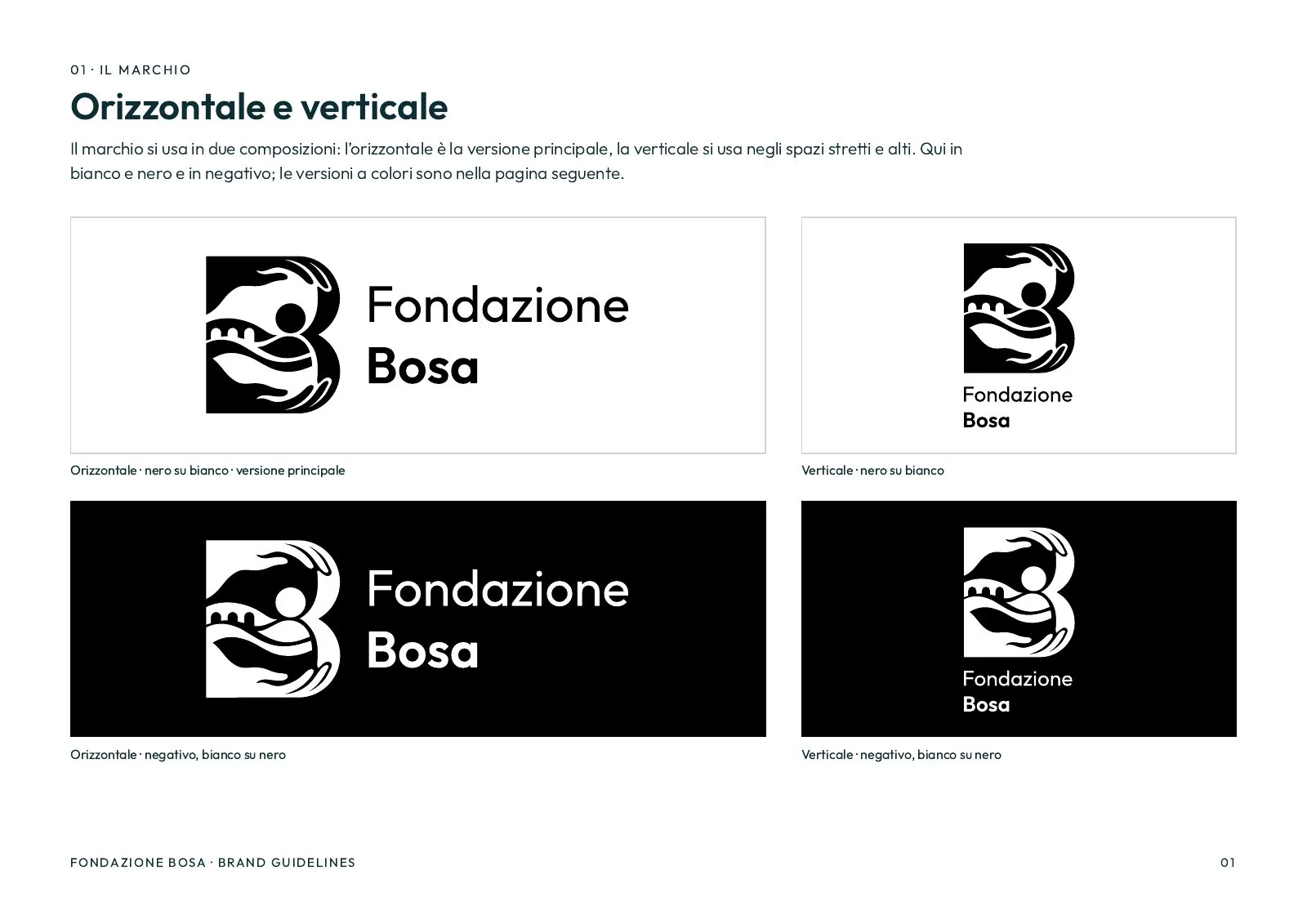 The mark in its two layouts, horizontal and vertical, black on white and reversed white on black