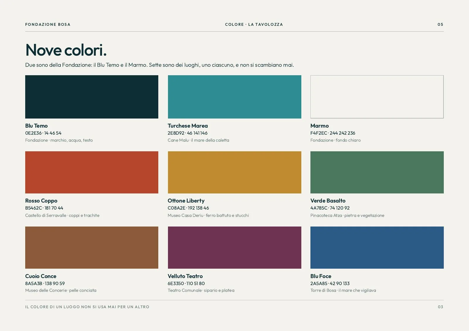 Nine colours: Blu Temo and Marmo for the Foundation, then the seven site colours with hex and RGB values