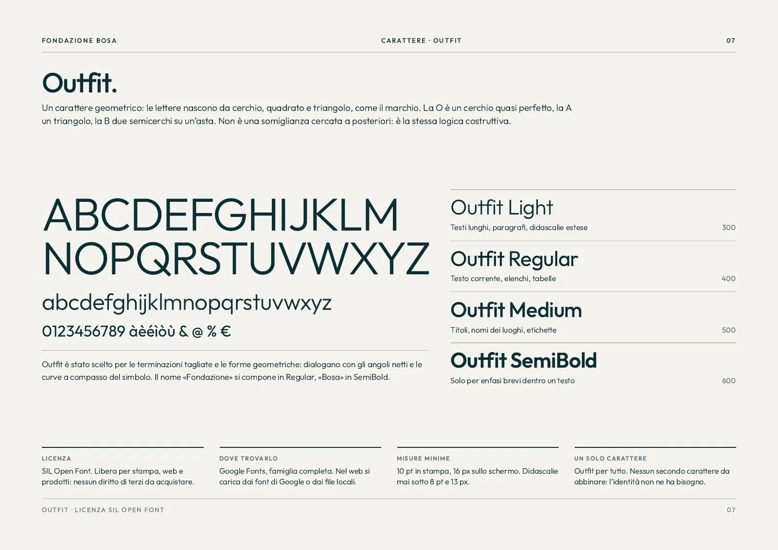 The Outfit typeface: alphabet, figures and the four weights in use, from Light to SemiBold
