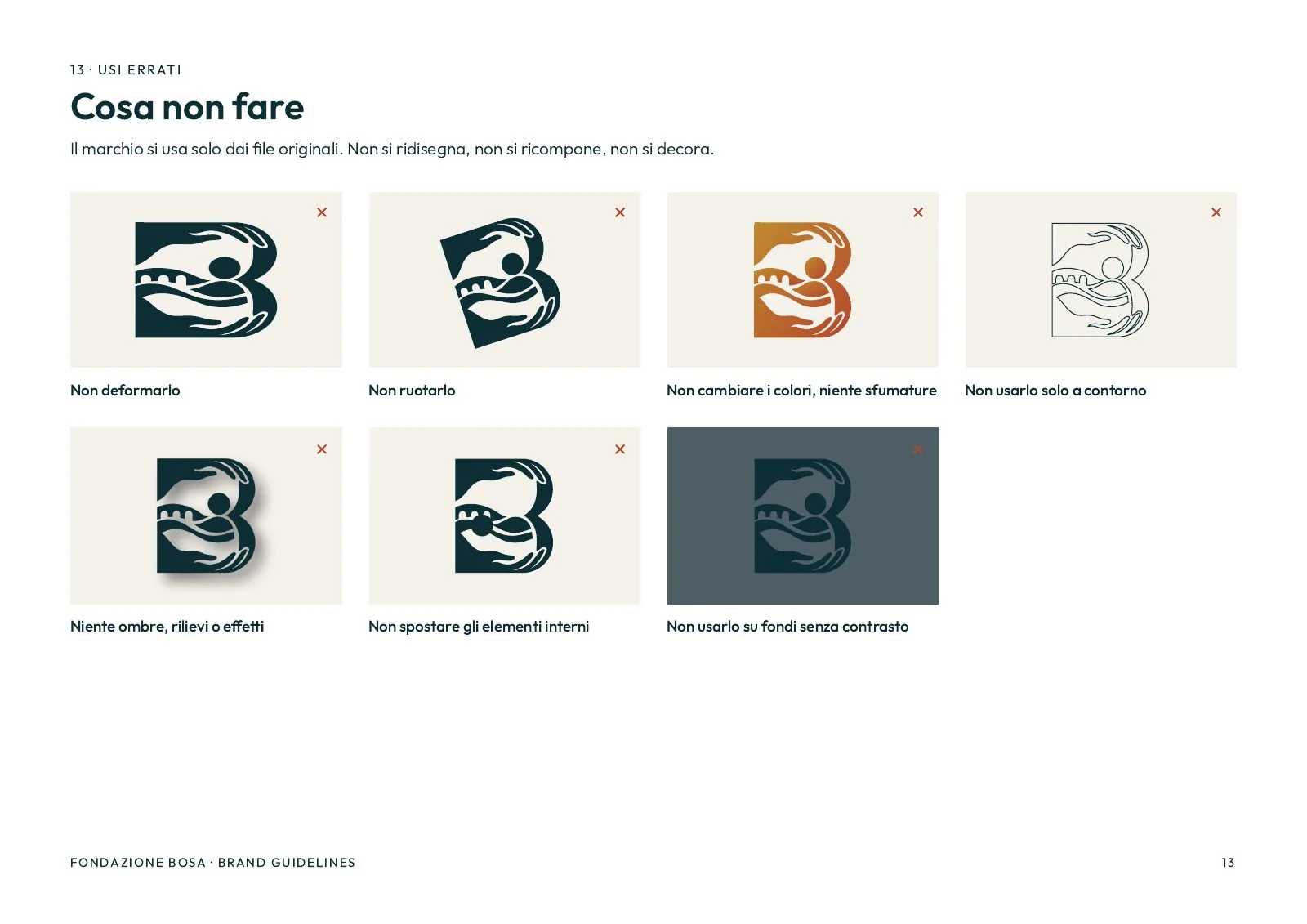 What not to do: the mark stretched, rotated, recoloured, outlined only, with shadows or on a ground without contrast