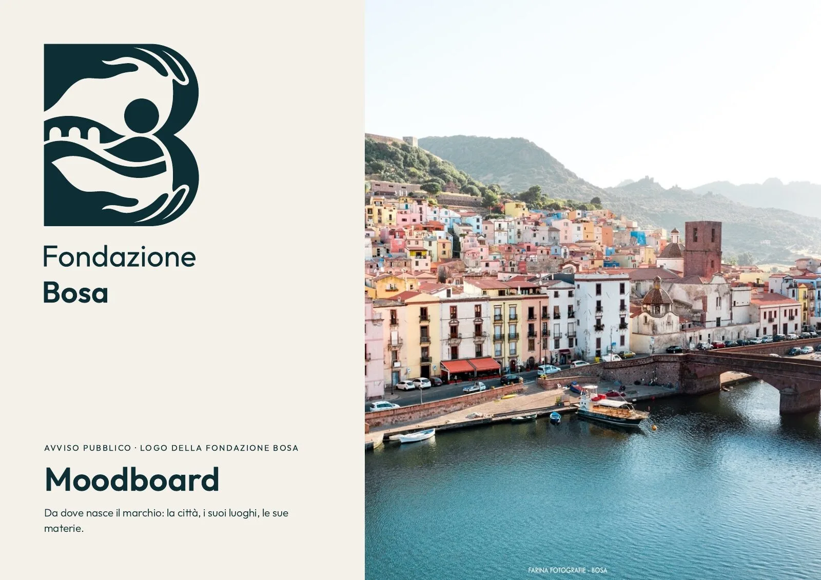 The moodboard cover: the Foundation's symbol and name next to a view of Bosa with its coloured houses and the bridge over the Temo