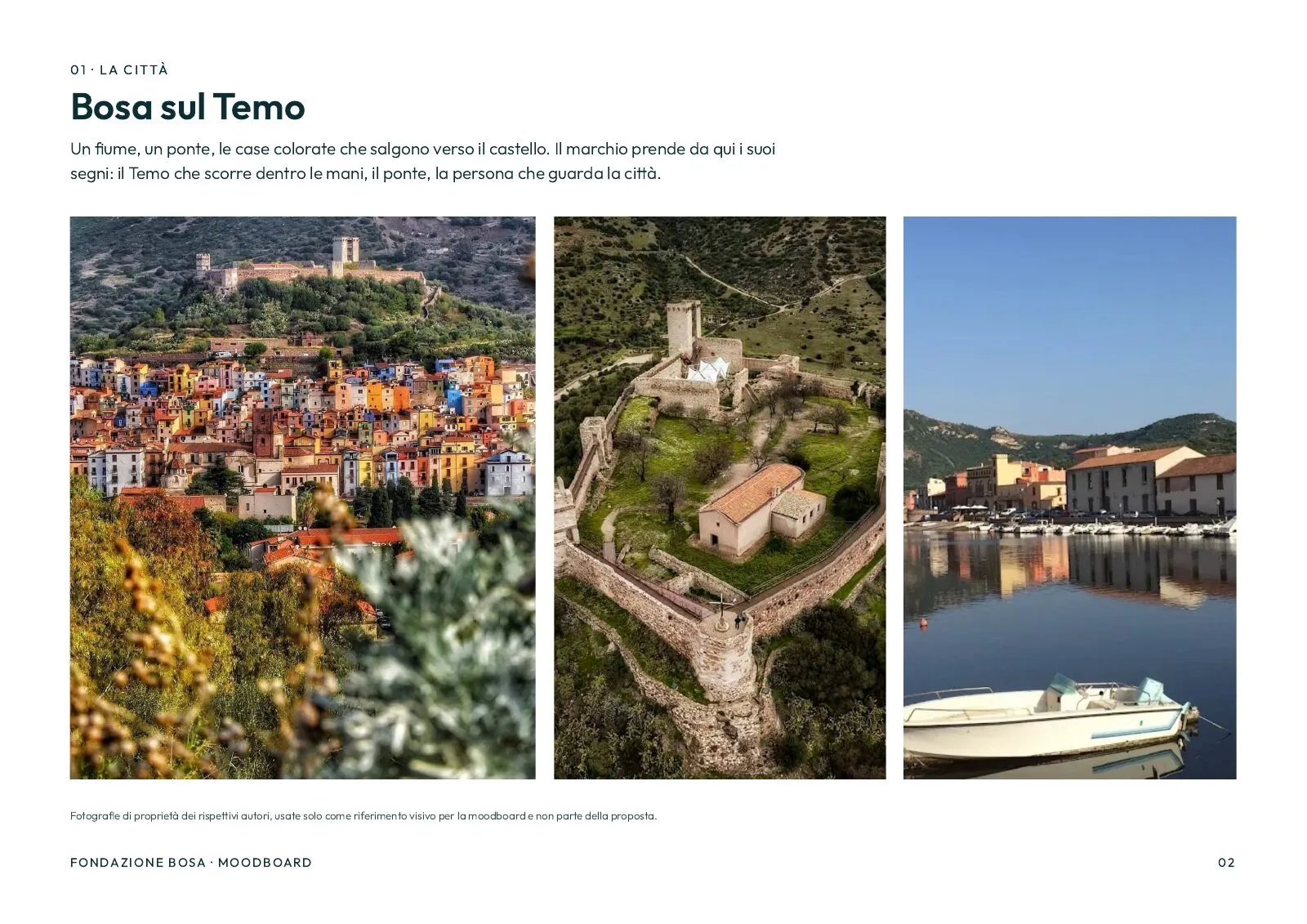 The moodboard, Bosa on the Temo: the coloured houses below the castle, the Castello di Serravalle from above and the river with its boats