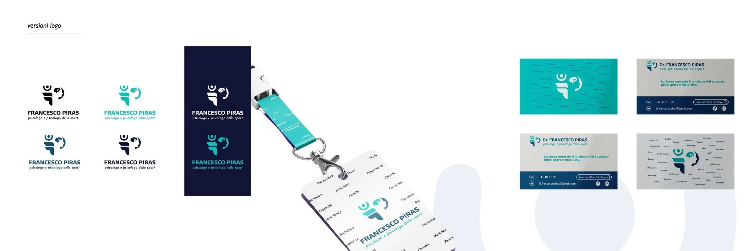 The six versions of the logo on white, turquoise and blue, the badge hanging from the lanyard and the four business cards, front and back