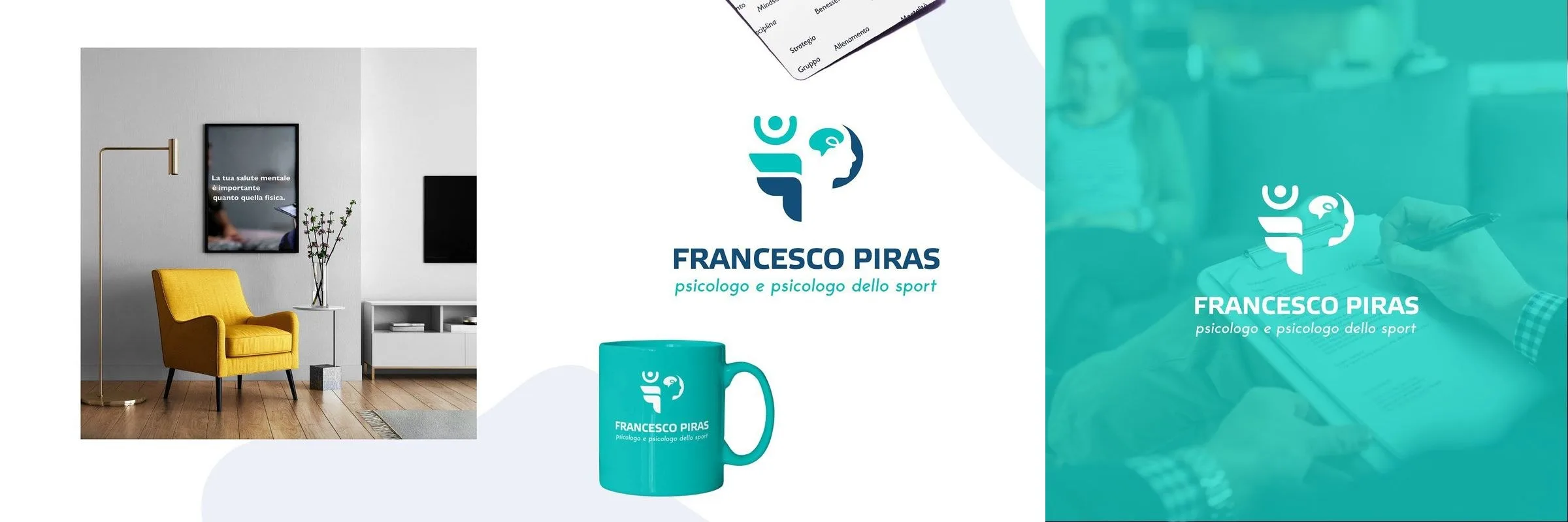 The framed poster in an interior with the yellow armchair, the stacked mark with the mug, and the consulting-room photograph veiled in turquoise