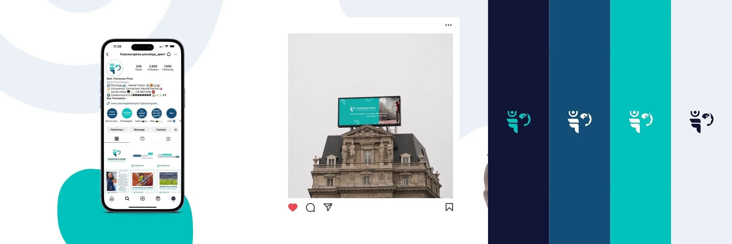The Instagram profile on a phone, the hoarding on top of a historic building and the colour bands with the symbol repeated