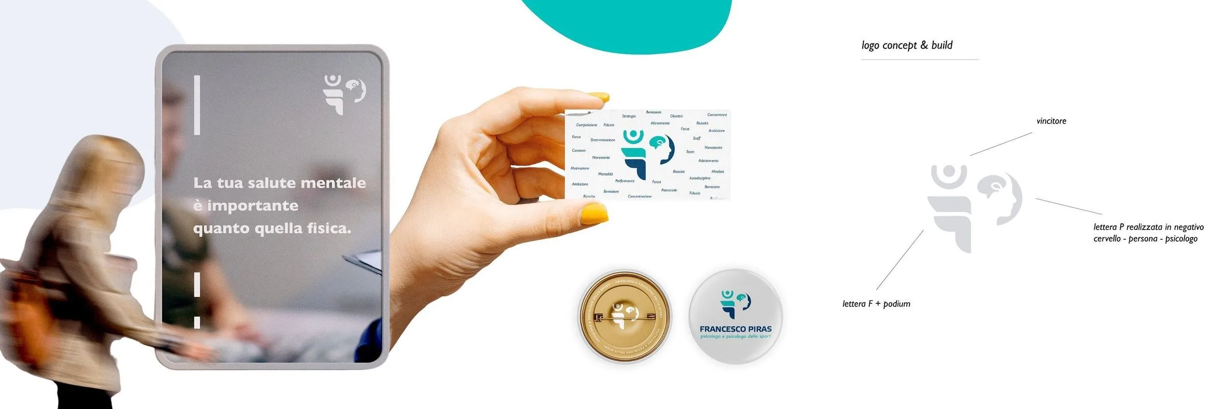 The screen carrying the line on mental health, the hand holding the business card with the gold and silver pins, and the logo construction board