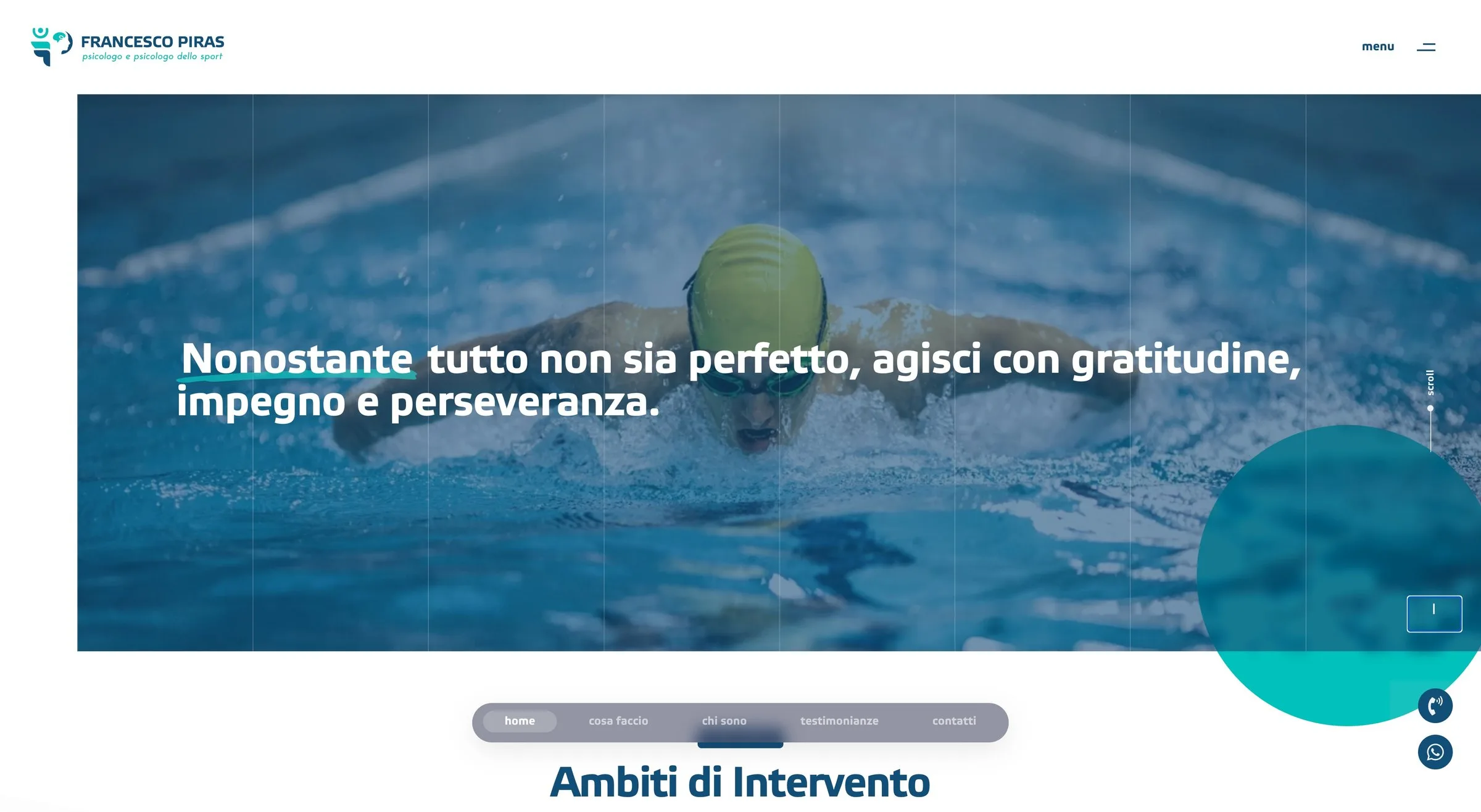 The home page of the site: a swimmer in the pool and the line «Nonostante tutto non sia perfetto, agisci con gratitudine, impegno e perseveranza», with the pill-shaped navigation bar floating below