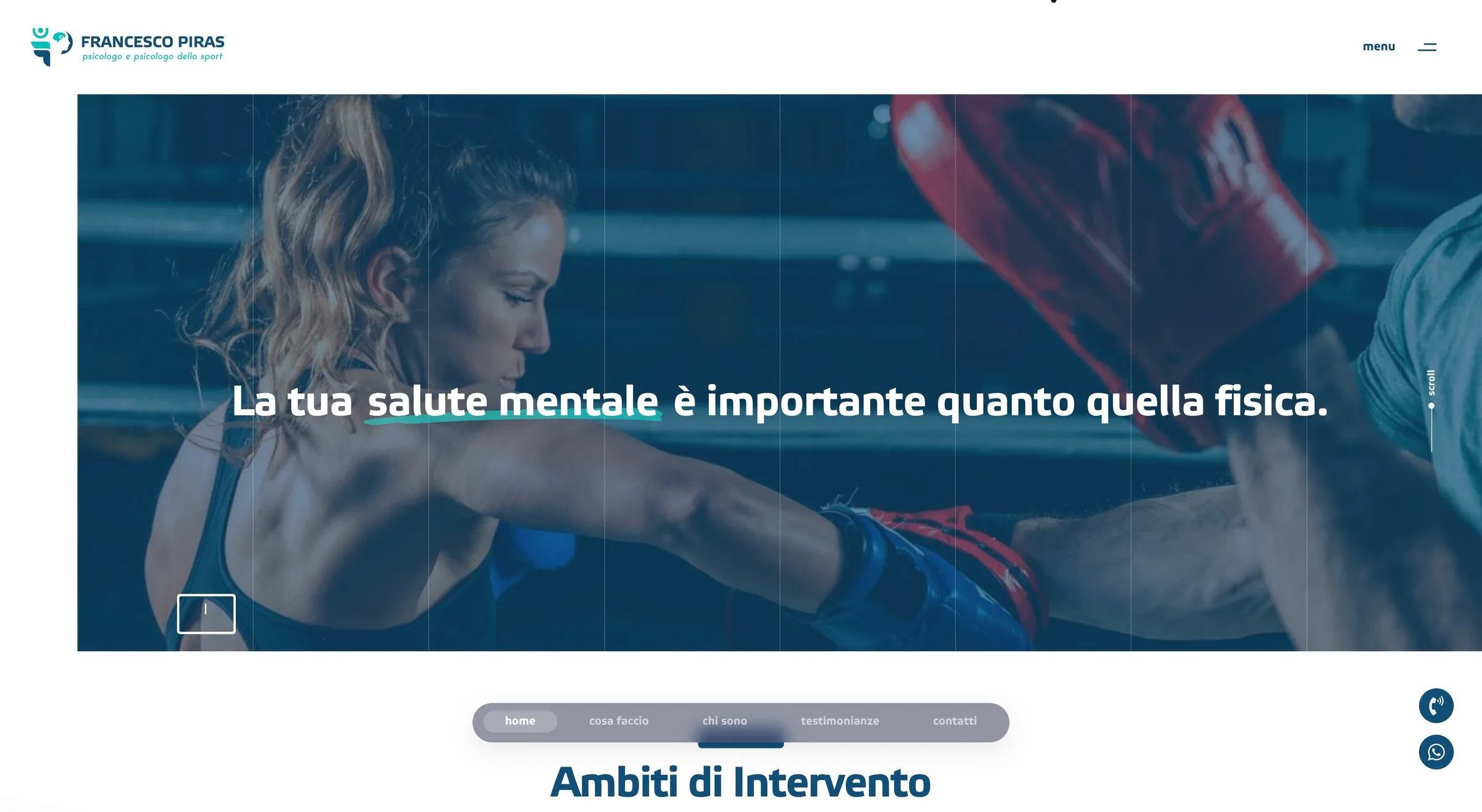 The second opening, over a boxing photograph: «La tua salute mentale è importante quanto quella fisica», with «salute mentale» picked out in turquoise
