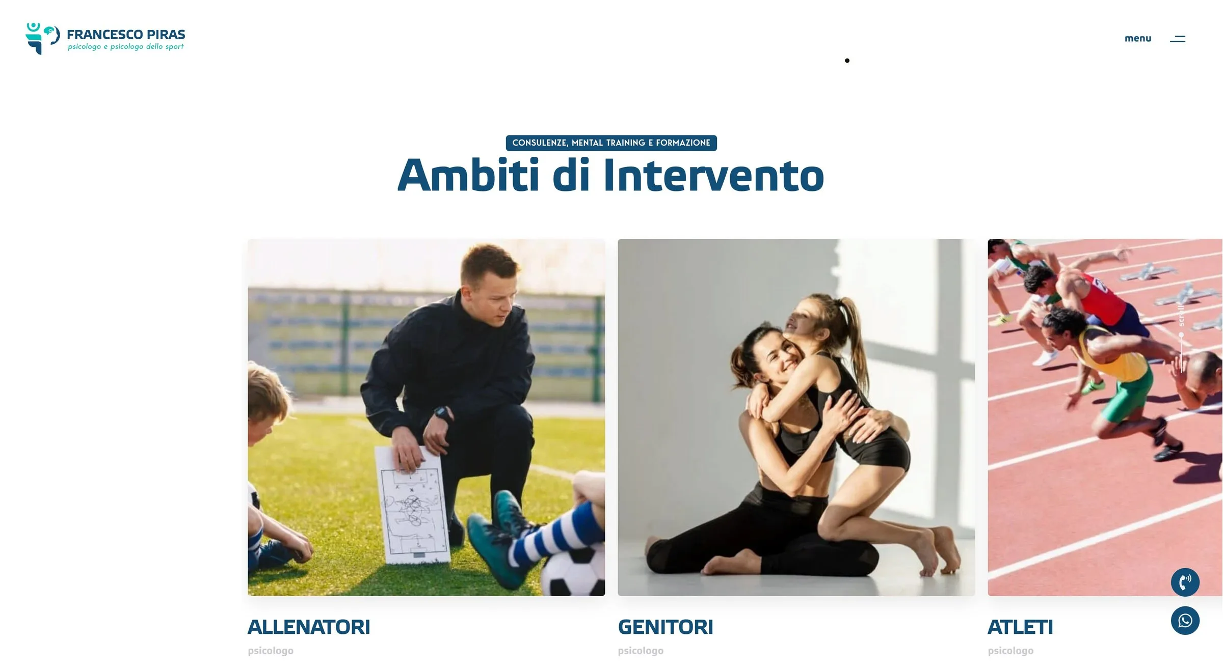 The areas of work in three cards — coaches, parents, athletes — each with its own photograph: the coach with the tactics board, the embrace, the start out of the blocks