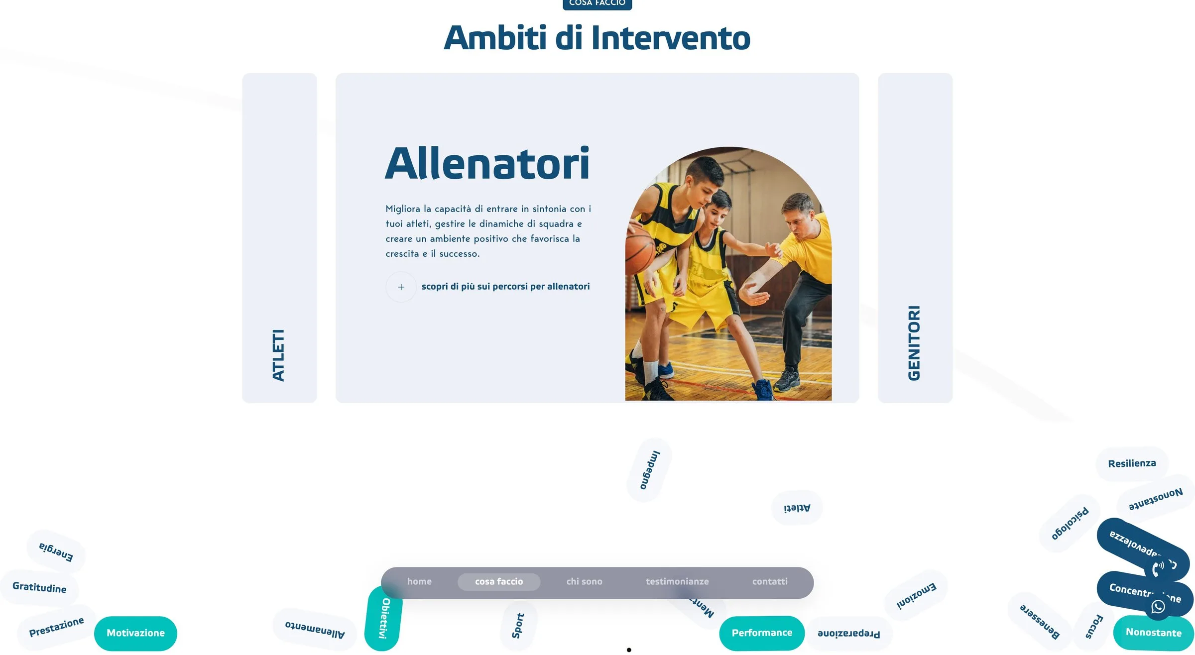 The card devoted to coaches and, below it, the cloud of pills carrying the words of the method in an arc: resilience, motivation, concentration, awareness, performance