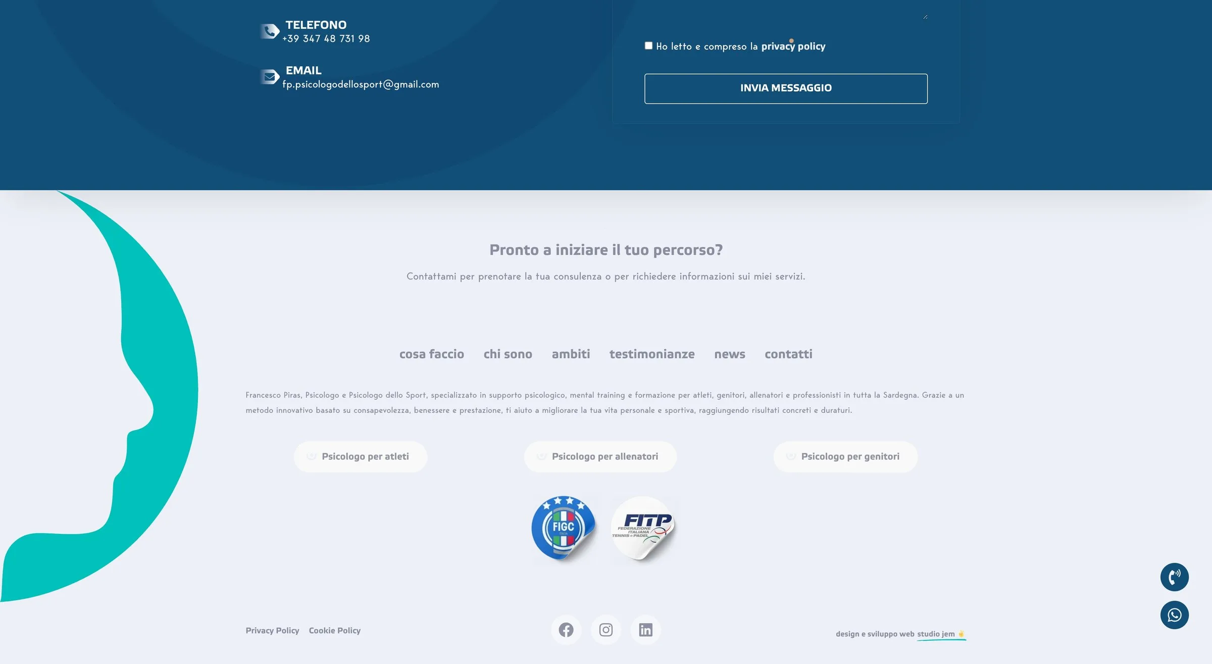 The end of the contact page: phone and email on night blue beside the send button, then «Pronto a iniziare il tuo percorso?» with the three separate paths for athletes, coaches and parents and the FIGC and FITP federation badges