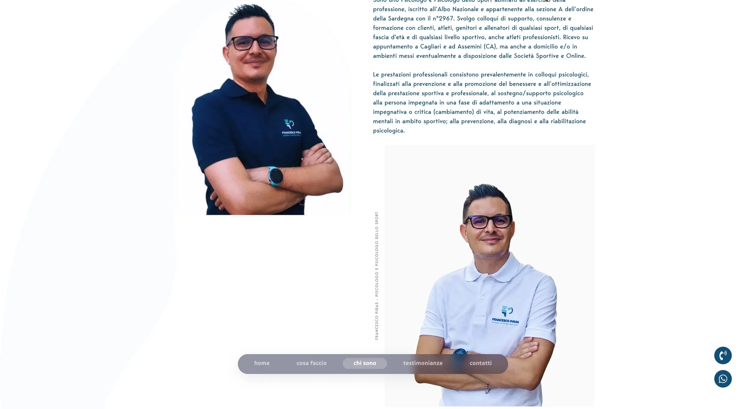 The «chi sono» page with the two portraits of Francesco Piras, in a navy polo and in a white polo with the mark embroidered on it, beside the professional biography