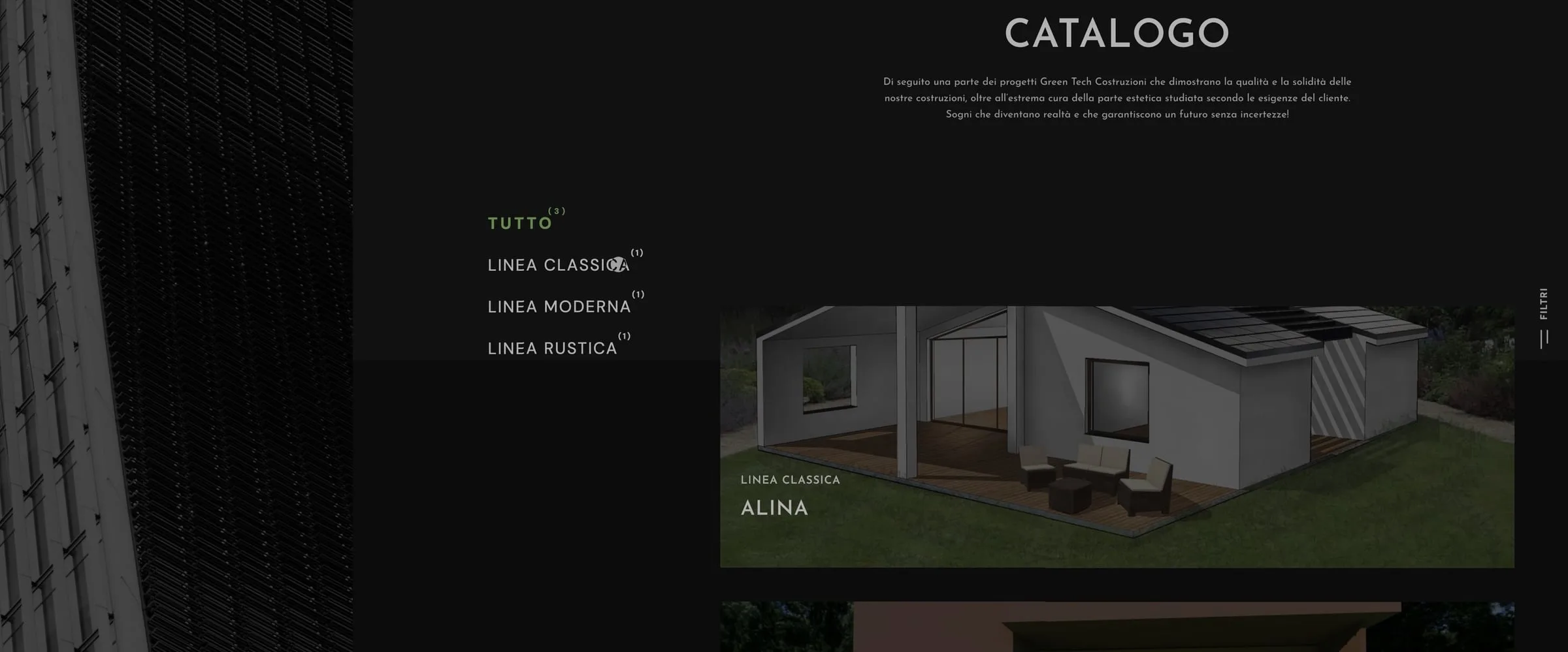 The catalogue of the first site, with filters for the classic, modern and rustic lines and the render of ALINA, the classic one