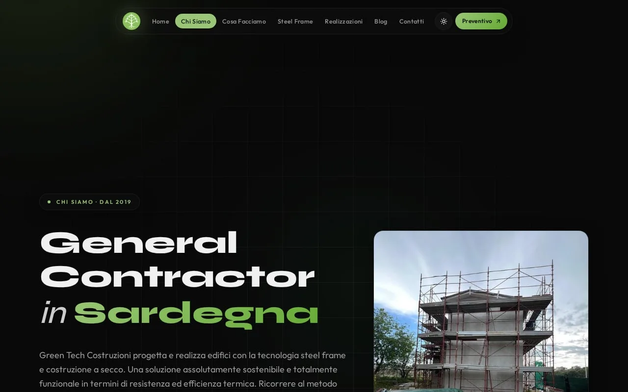 The «General Contractor in Sardegna» page with the photograph of the scaffolded site and the text on the dry construction method