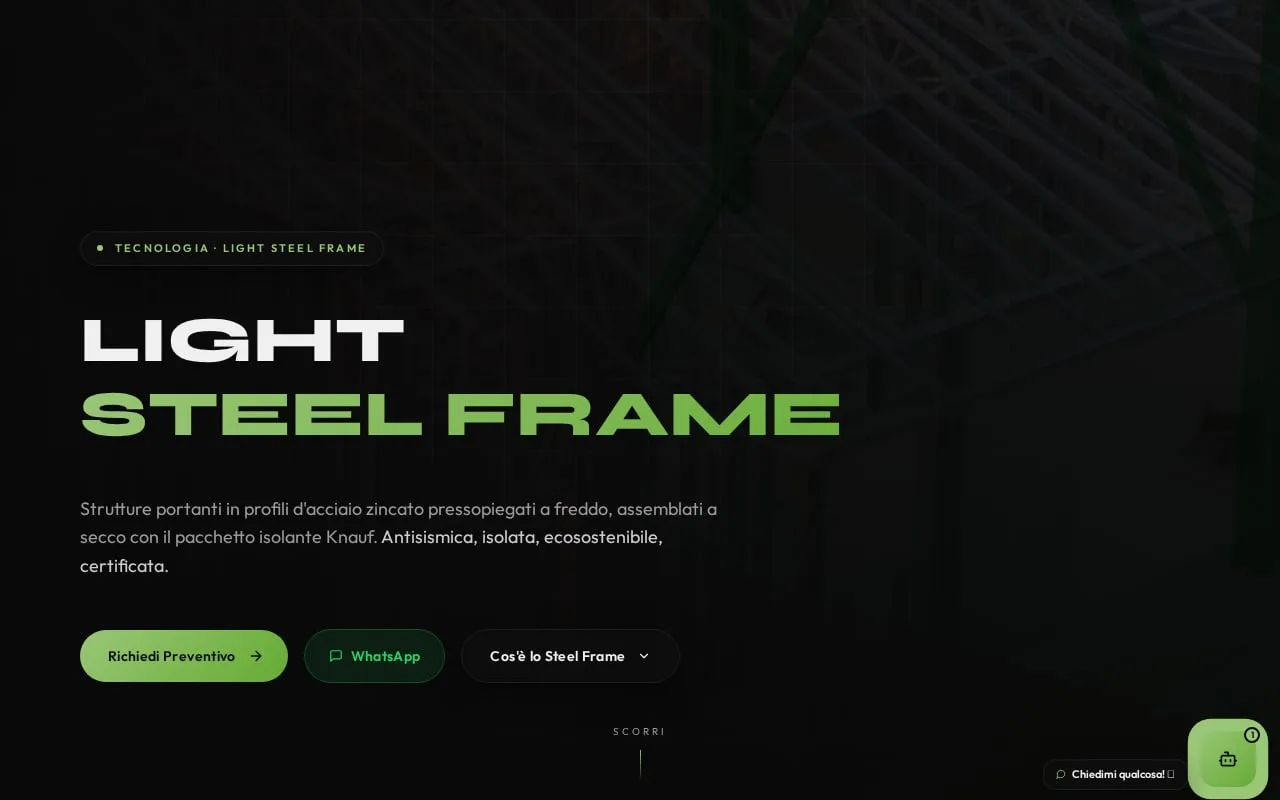 The opening of the Light Steel Frame page, the title in white and green above a close-up of a steel frame