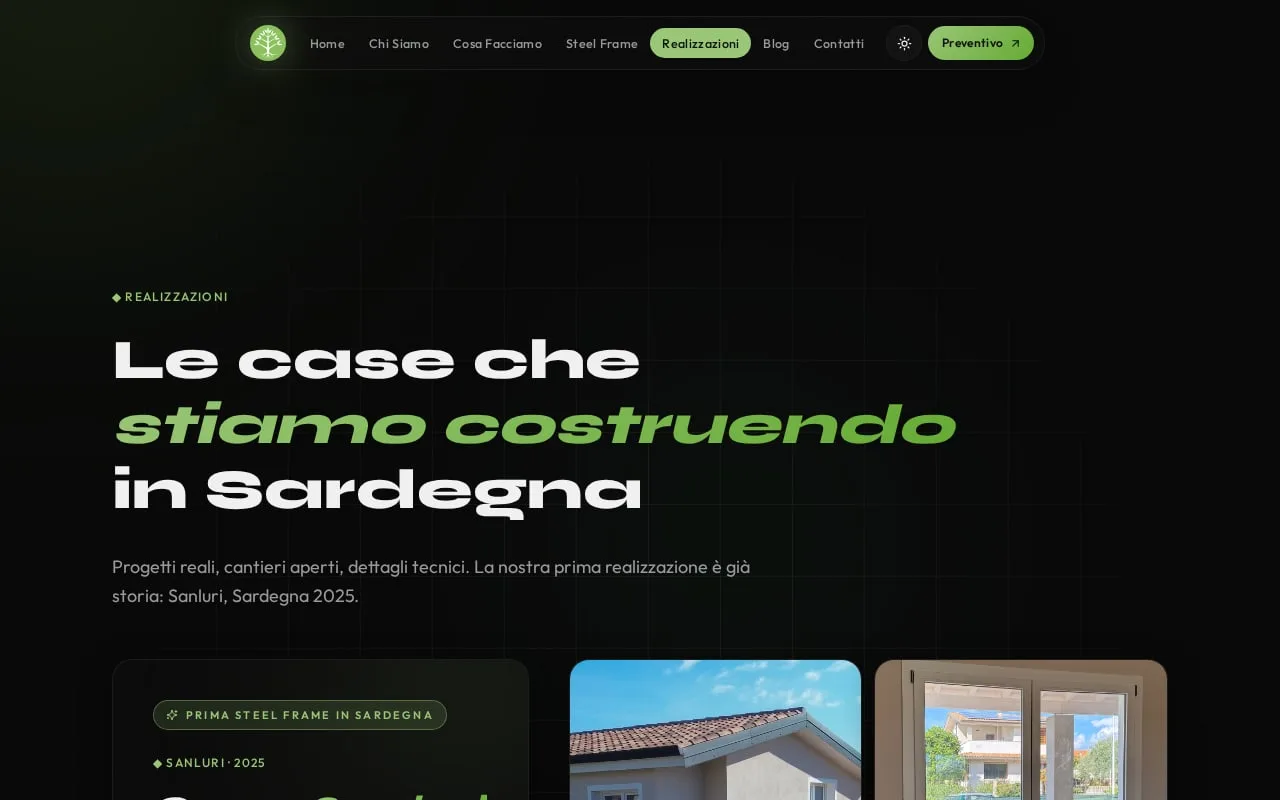 The projects page, «Le case che stiamo costruendo in Sardegna», with the Casa Sanluri card and photographs of the interior and exterior