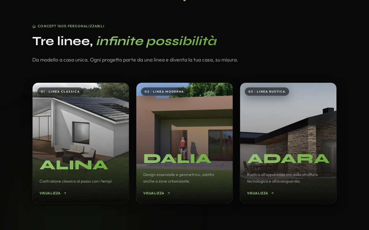 «Tre linee, infinite possibilità»: the three catalogue cards — ALINA classic, DALIA modern, ADARA rustic — each with its render