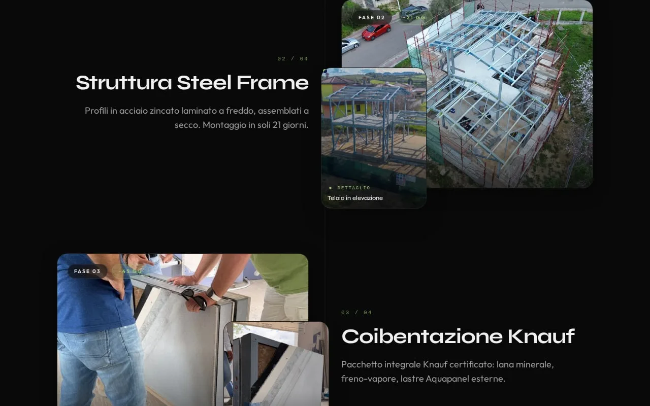 The site phases in sequence: steel frame erected in twenty-one days and Knauf insulation, each with the photographs taken that day