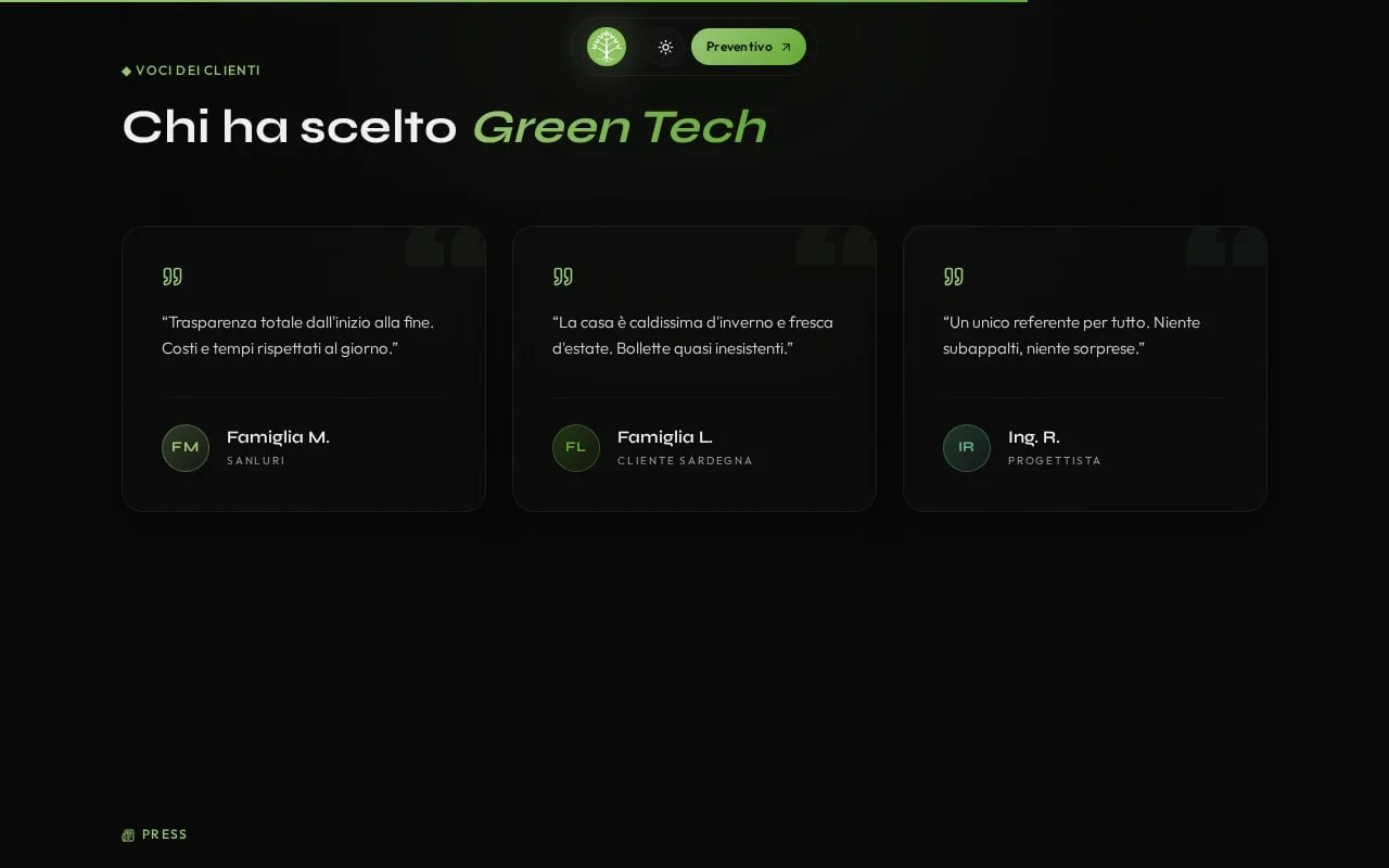 «Chi ha scelto Green Tech»: three short reviews from clients and designers, with an initial instead of a photograph