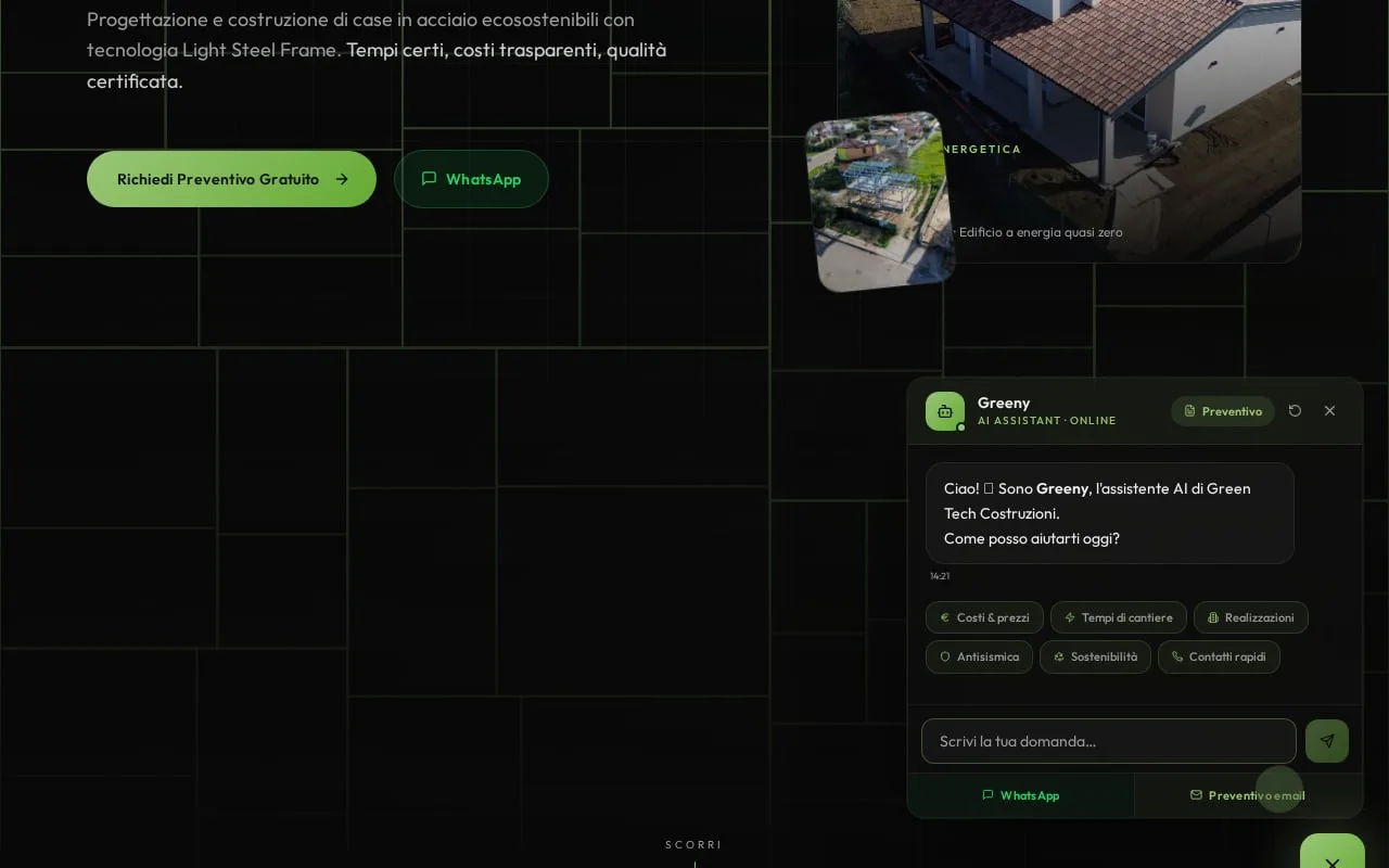 The Greeny assistant open over the home page: the greeting and six shortcuts — costs, site timing, projects, seismic performance, sustainability, quick contact