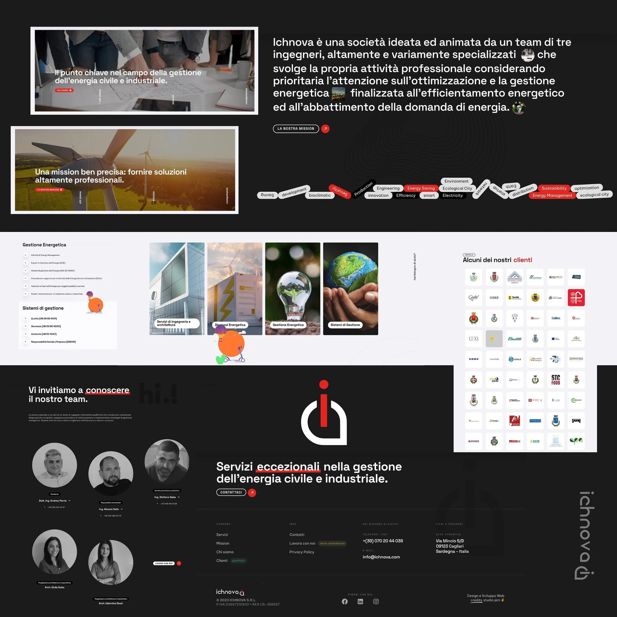 The Ichnova website seen whole in the nine-tile grid: dark hero, mission, services, clients, team and the closing mark