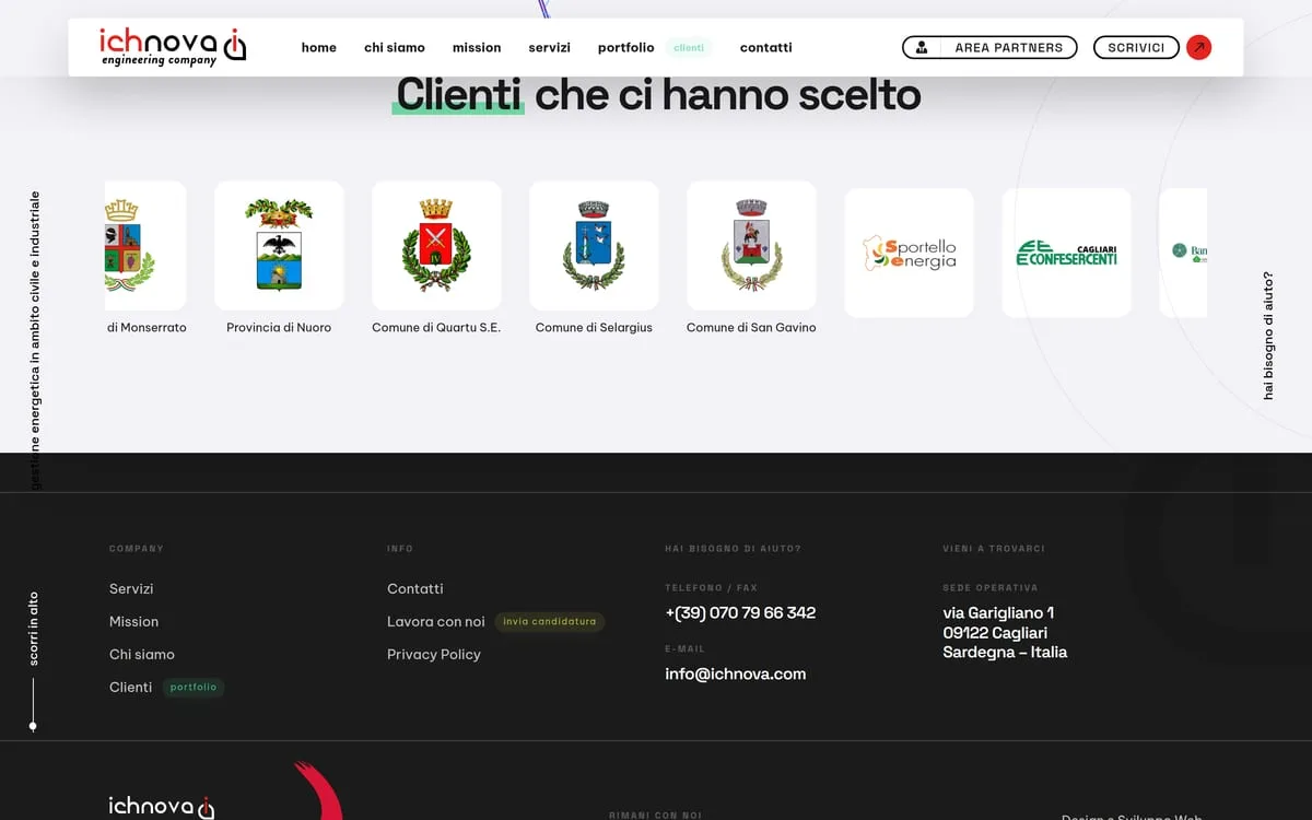 The clients who chose us section, with municipal coats of arms and company logos in a row, and the footer with the Cagliari office contacts
