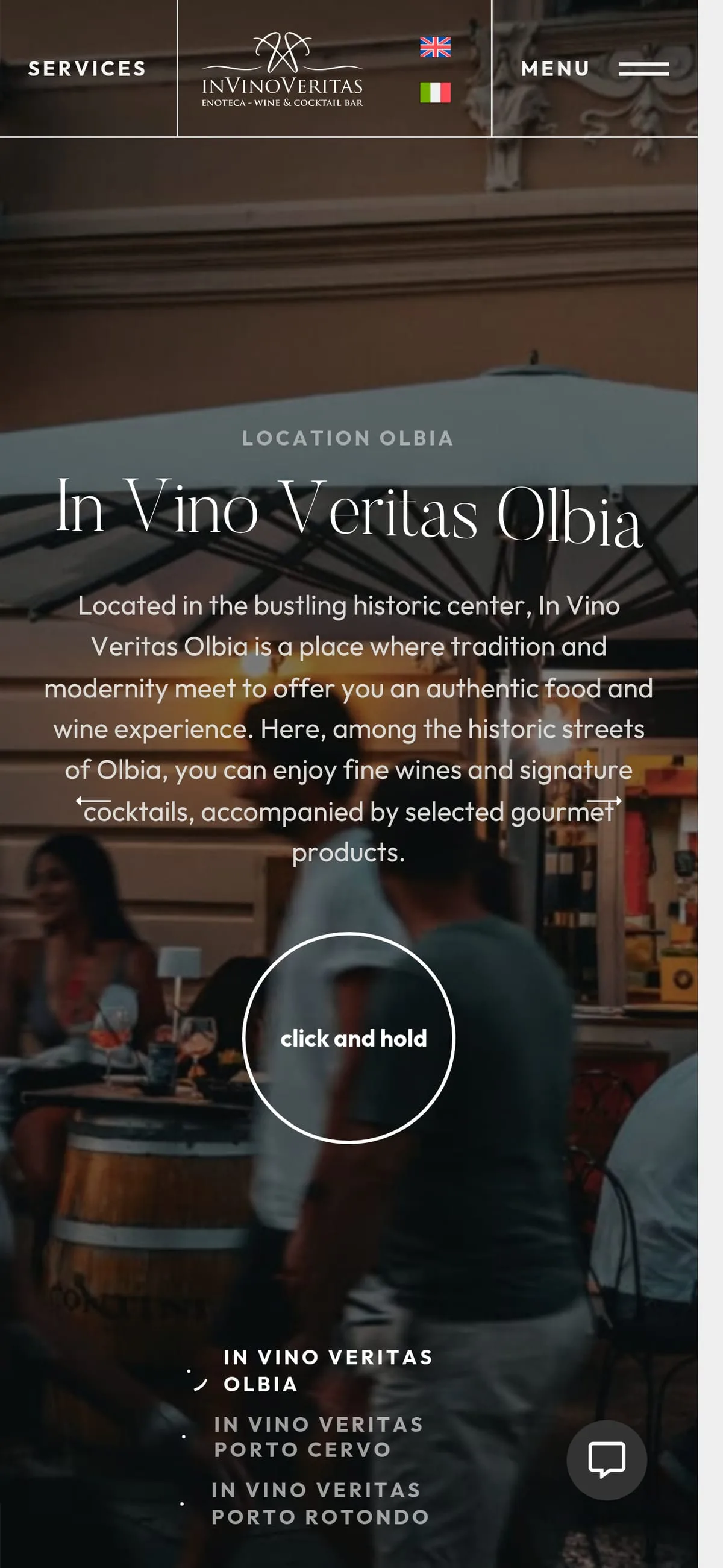La scheda In Vino Veritas Olbia vista da smartphone, con le tre sedi in elenco