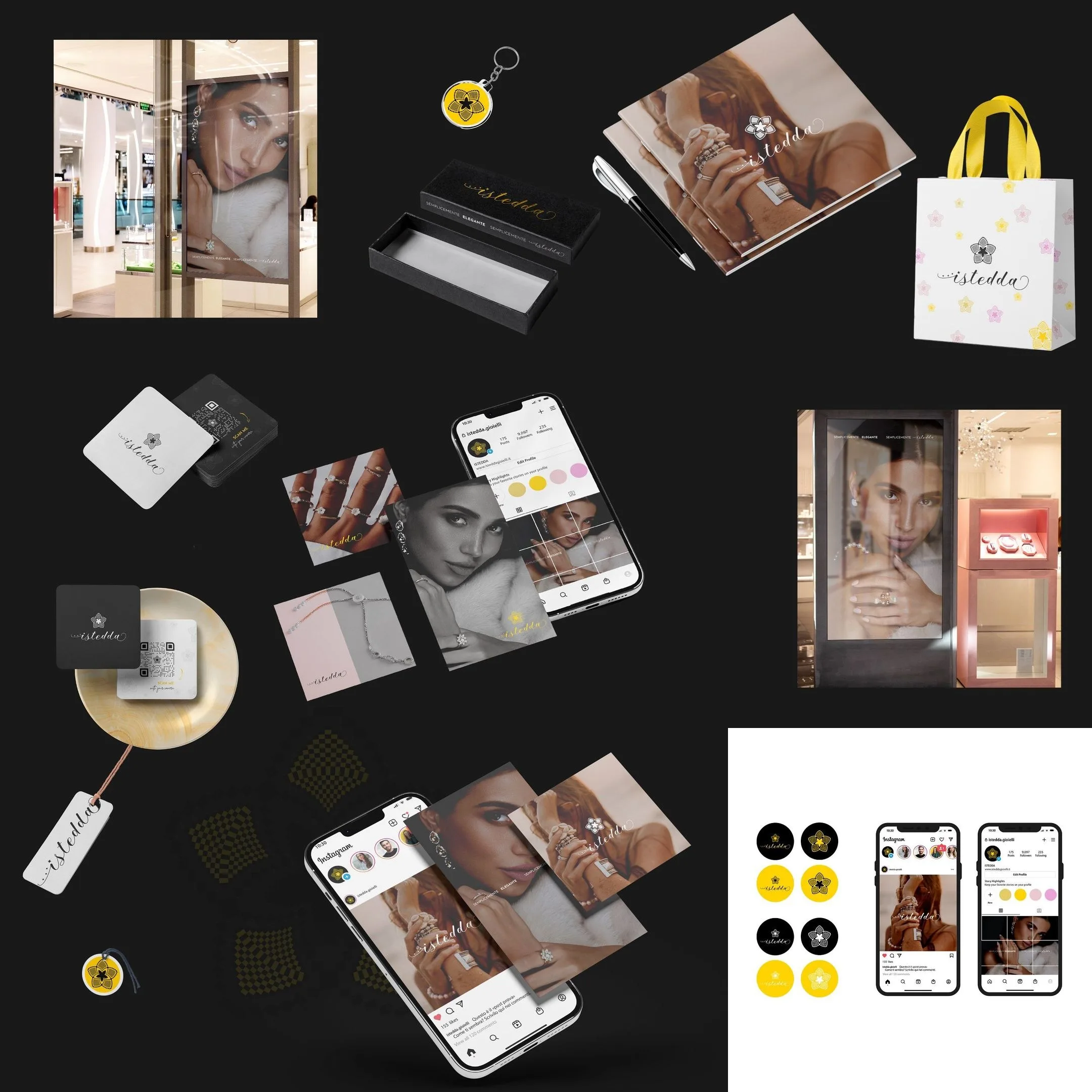 La testa del profilo Istedda a nove riquadri: la vetrina con i ritratti di campagna, il packaging bianco e giallo, i biglietti da visita e i mockup del profilo Instagram