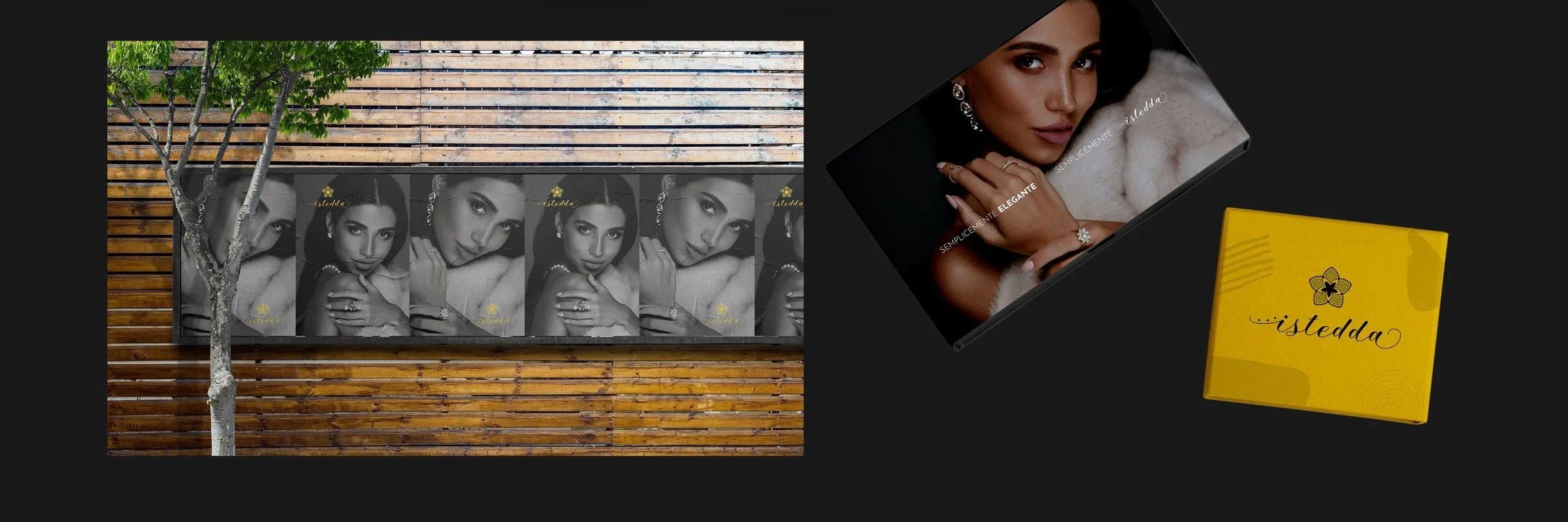 The posters pasted along a wooden fence, one campaign portrait after the other, the black box printed with the portrait and the yellow box with the wordmark