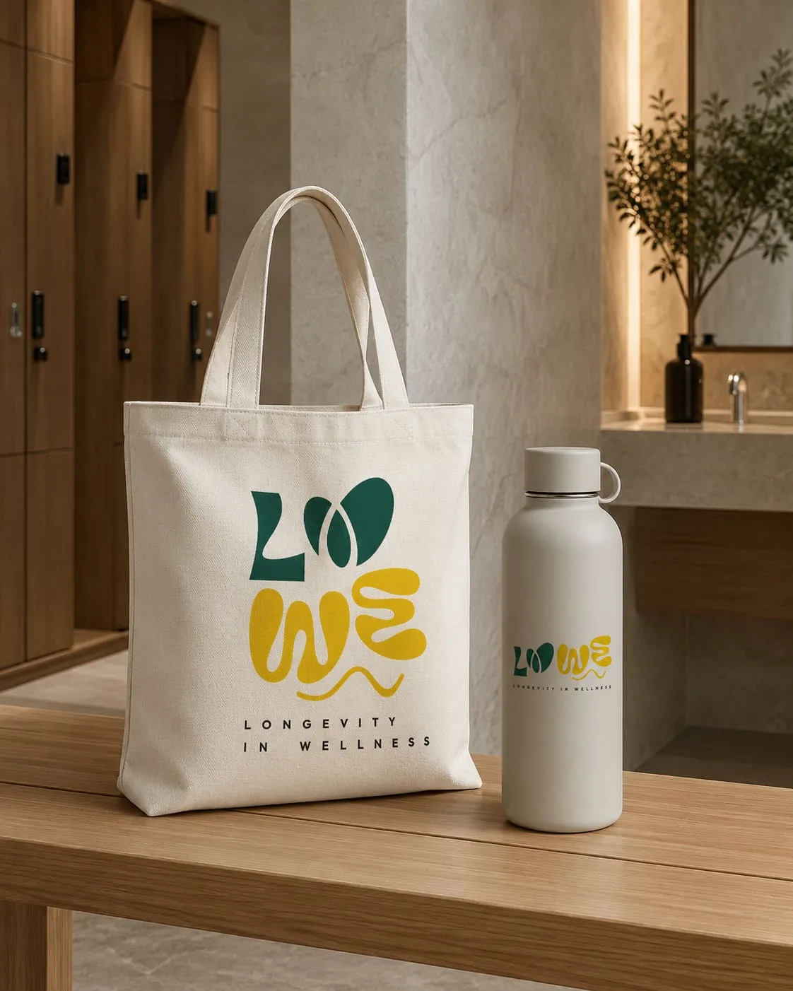 Brand identity LOWE applicata a tote bag e borraccia