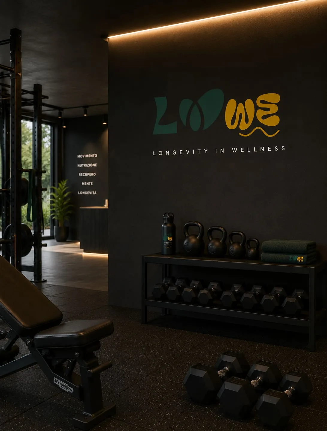 Marchio LOWE applicato alla segnaletica e agli ambienti della gym